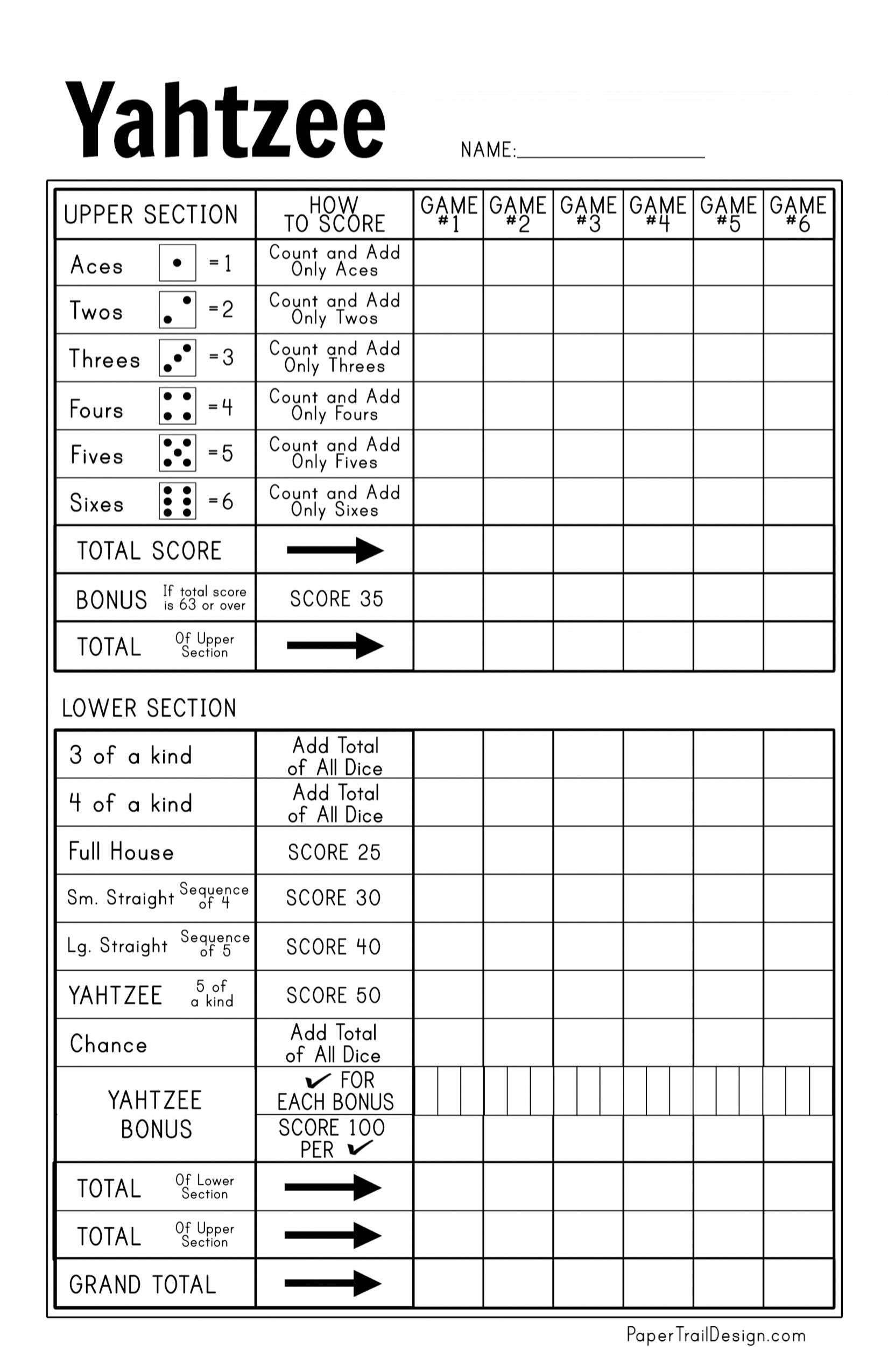 Free Printable Yahtzee Score Card | Paper Trail Design in Free Printable Yahtzee Scorecards