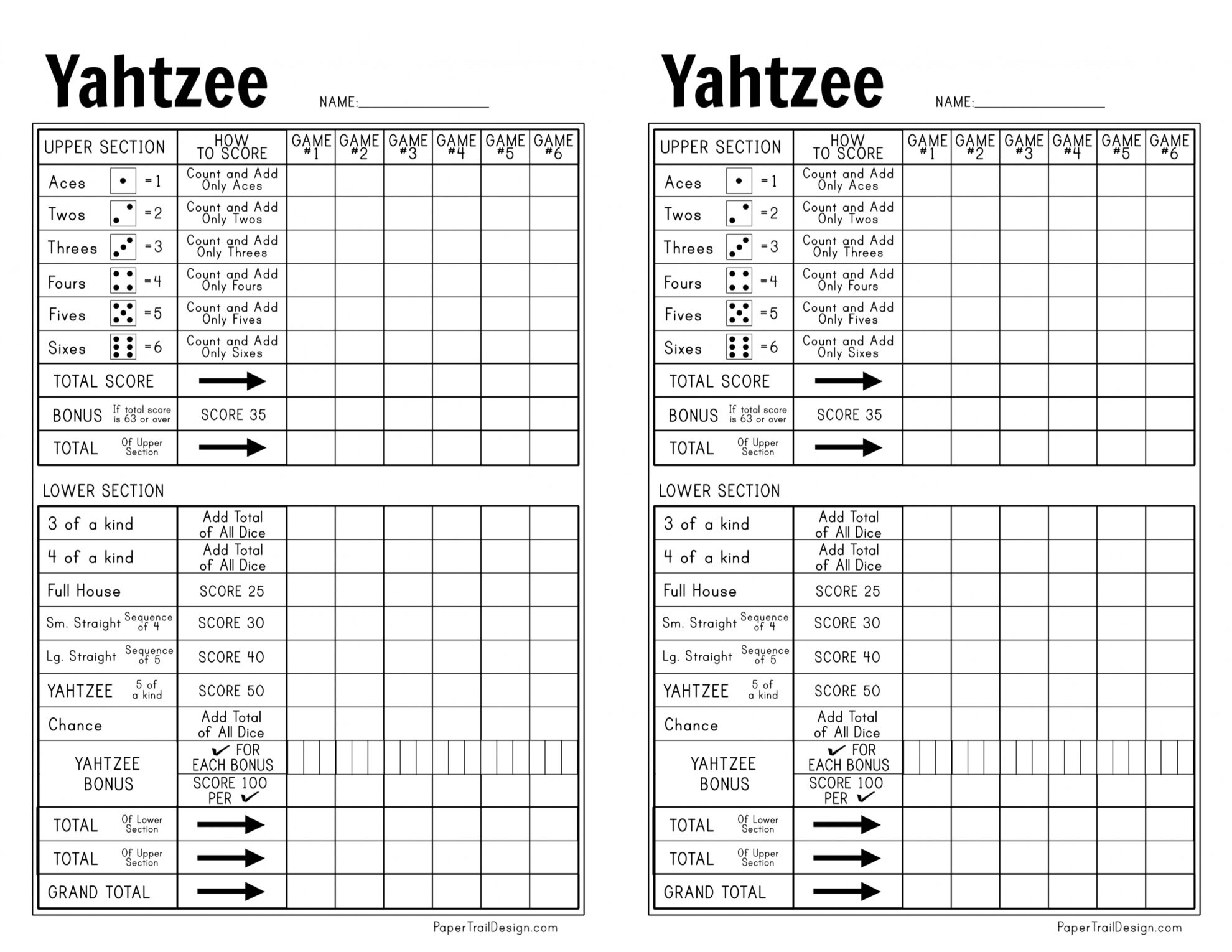 Free Printable Yahtzee Score Card - Paper Trail Design within Free Printable Yardzee Score Cards