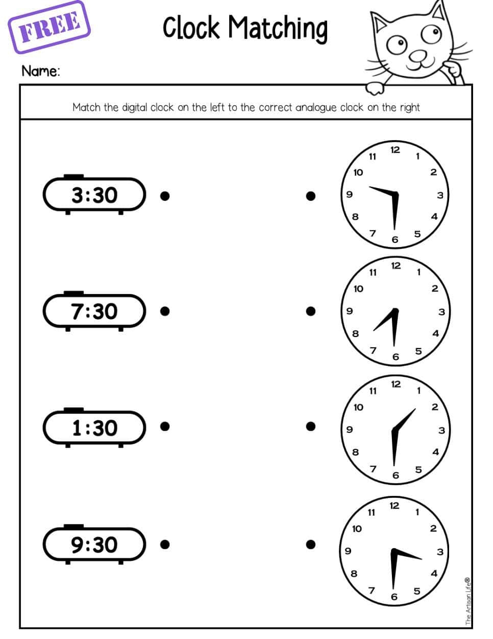 Free Telling Time First Grade Worksheets - The Artisan Life intended for Printable Matching Clocks Worksheet
