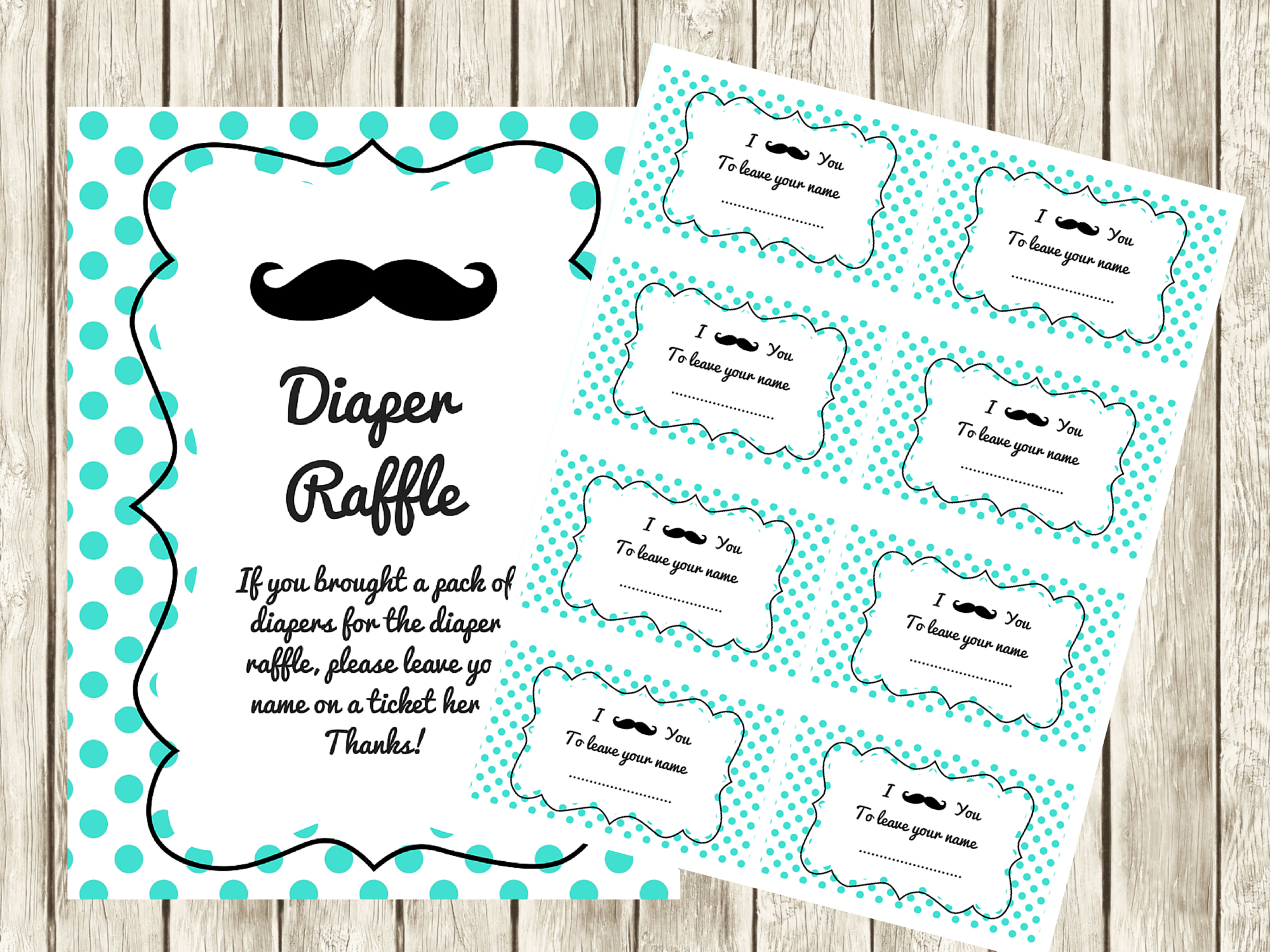 Free Turquoise Mustache Baby Shower Diaper Raffle Ticket Cards And throughout Diaper Raffle Tickets Free Printable