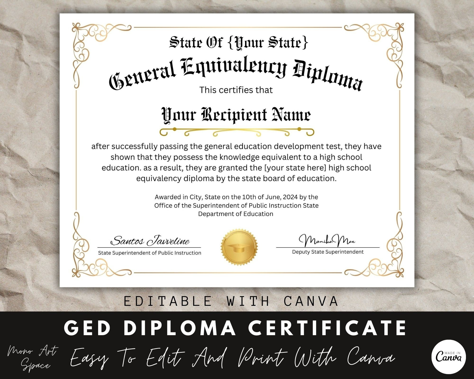 Ged Diploma With Gold Seal, Editable Certificate, Canva Template with Printable Fake Ged Certificate For Free
