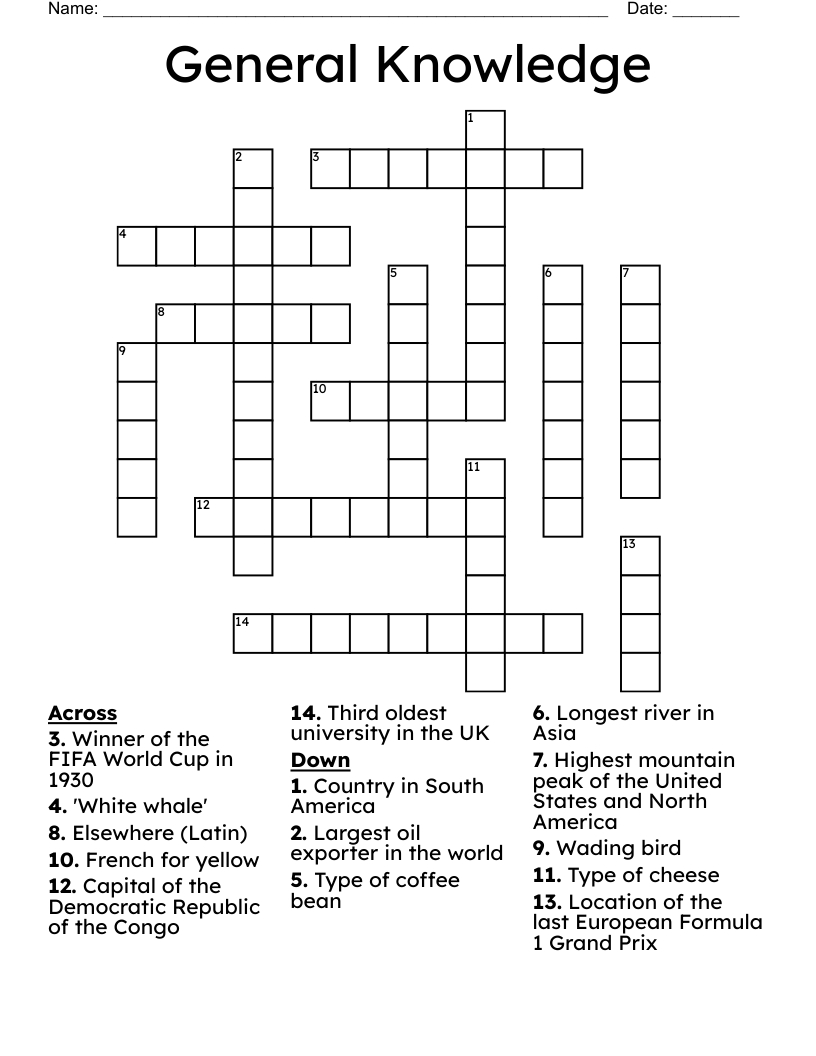 General Knowledge Crossword - Wordmint inside Easy Printable Crossword Puzzles With Answers