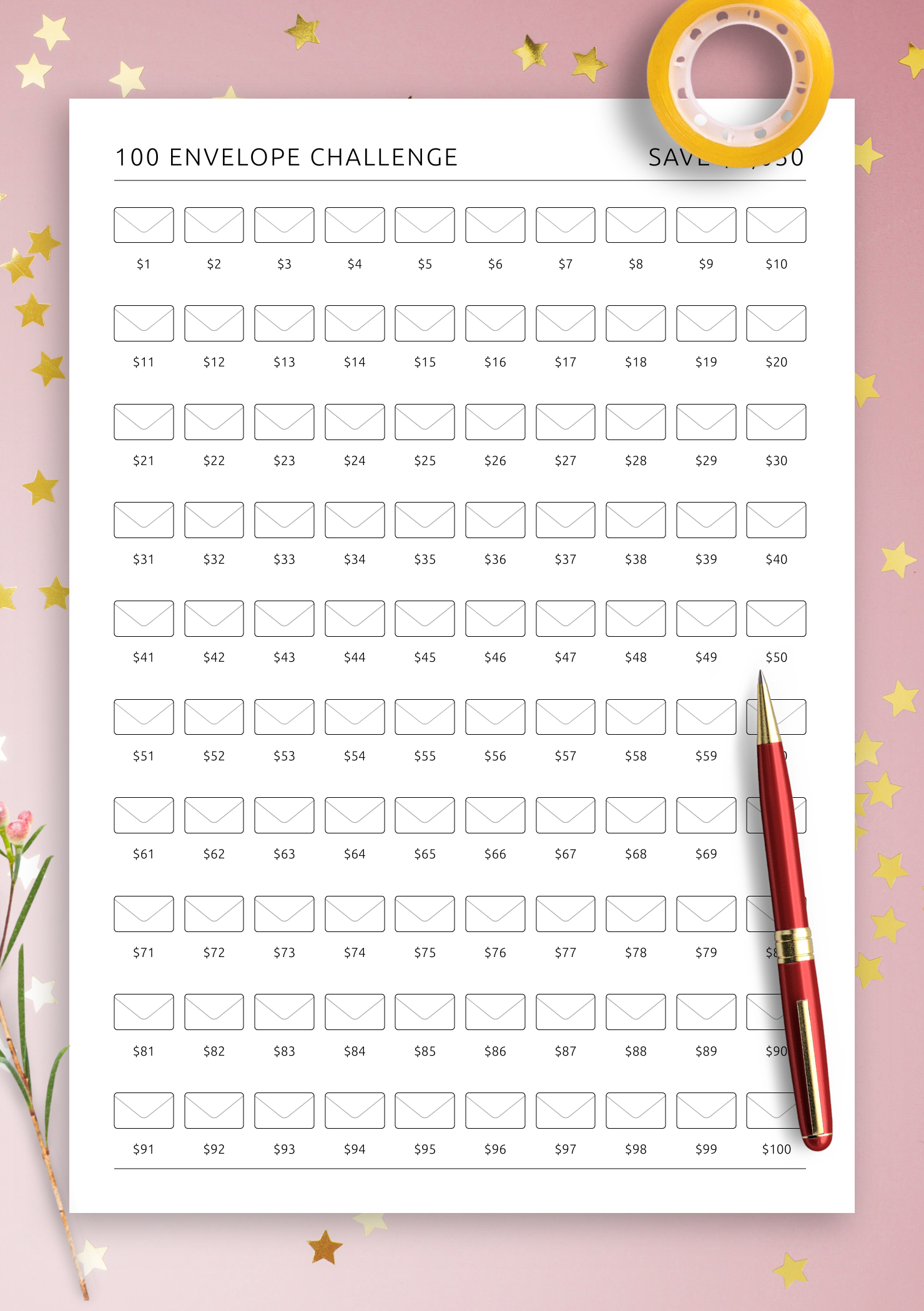 Get 100 Envelope Challenge Template: Printable Or Digital Pdf For within Free Printable 100 Envelope Challenge Printable