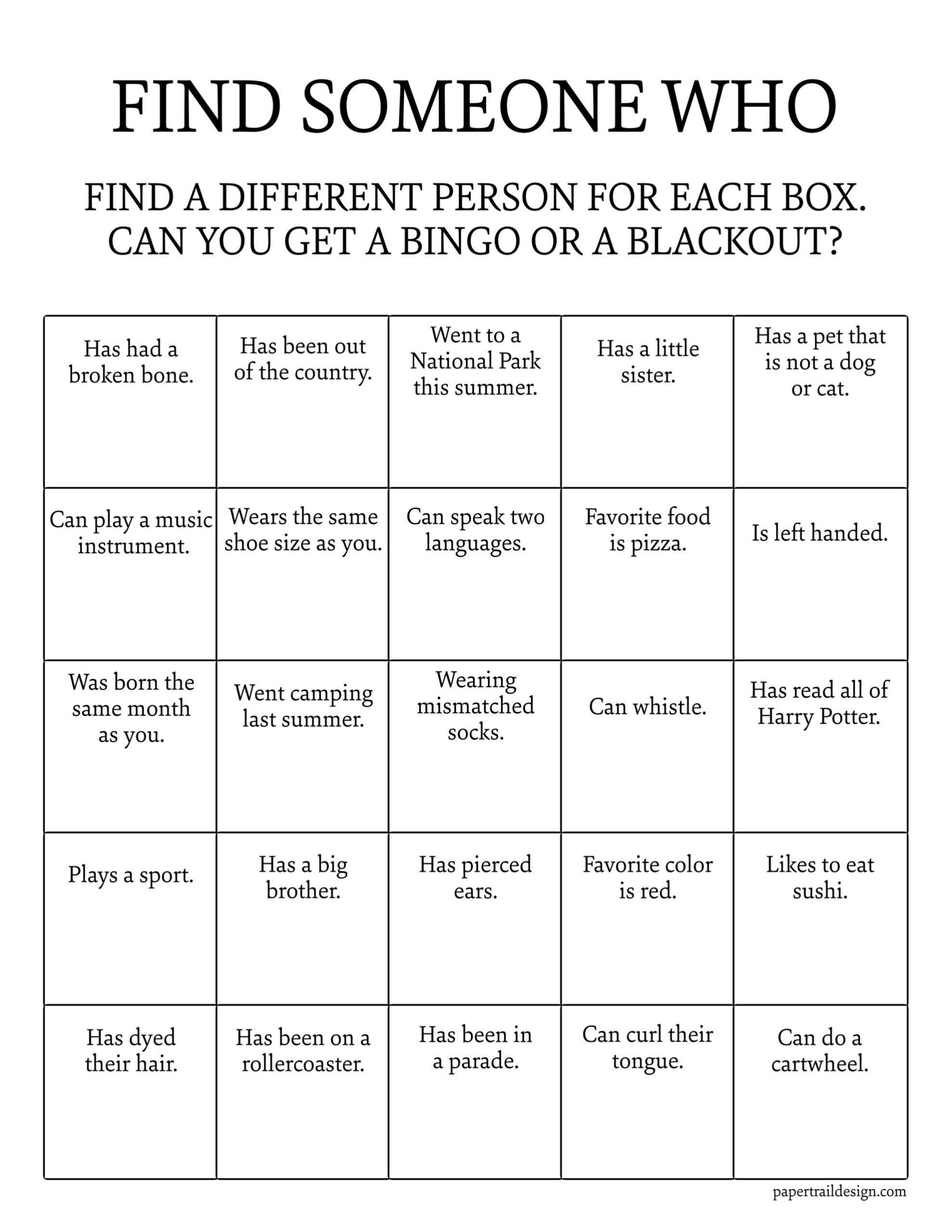 Get To Know You Bingo Printable - Paper Trail Design within Getting to Know You Bingo Cards