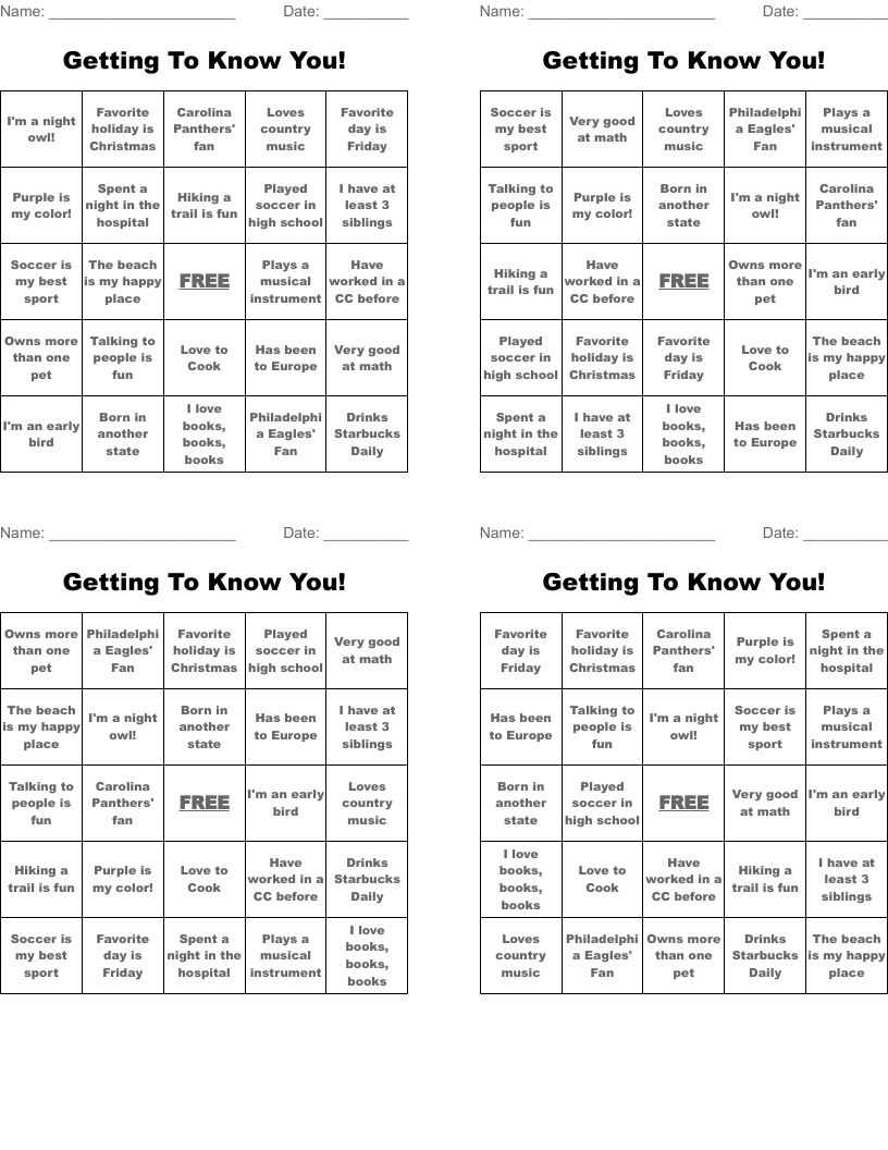 Getting To Know You! Bingo Cards - Wordmint for Getting To Know You Bingo Cards