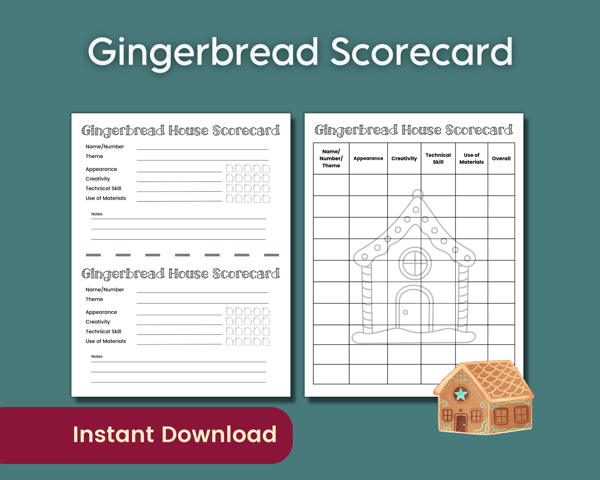 Gingerbread House Decorating Contest Score Card, Christmas Cookie intended for Printable Gingerbread House Judging Sheet