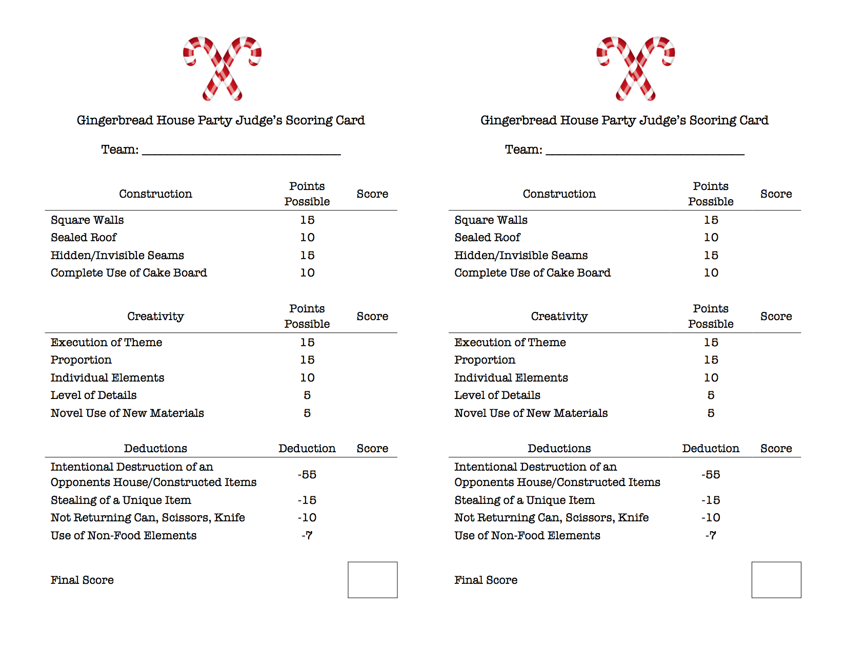 Gingerbread House Party Score Card | Hmh Designs intended for Printable Gingerbread House Judging Sheet