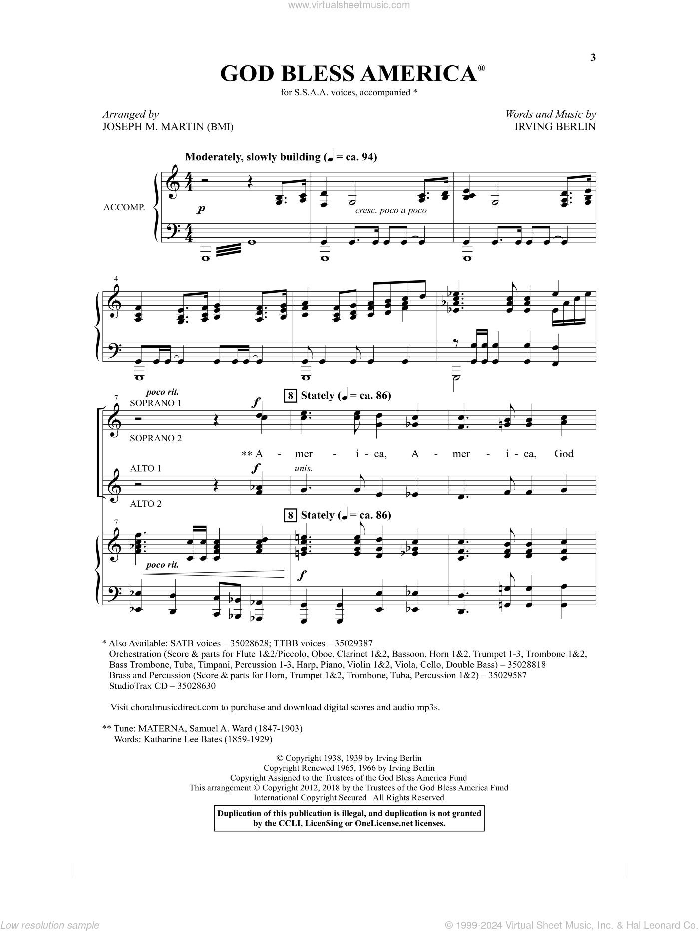 God Bless America (Arr. Joseph M. Martin) Sheet Music For Choir regarding Piano Free Printable God Bless America Sheet Music