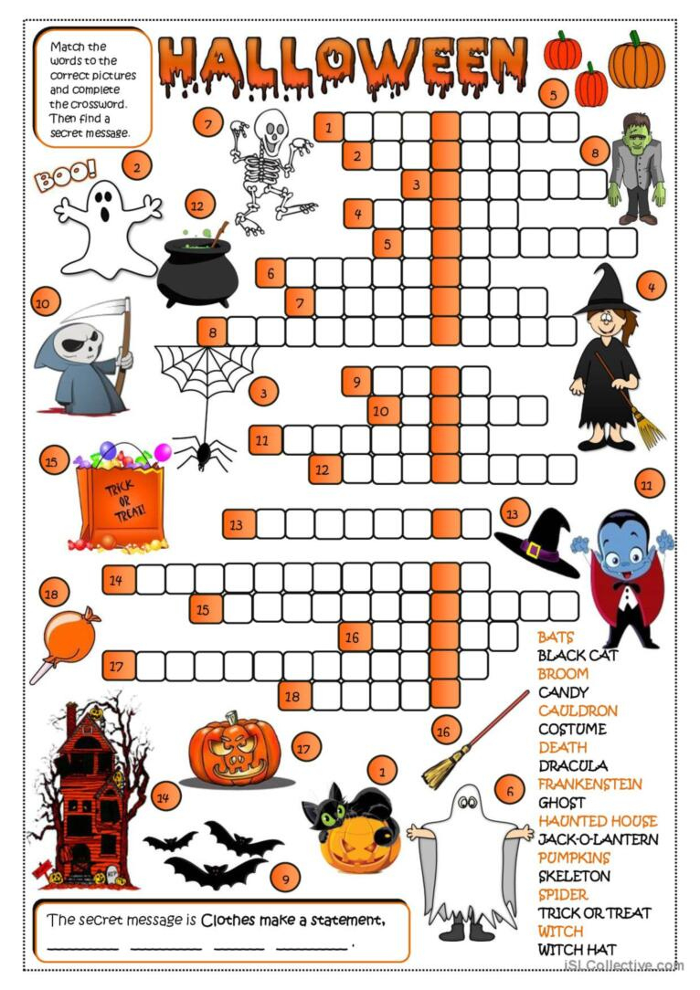 Halloween - Crossword Crossword: English Esl Worksheets Pdf &amp;amp; Doc in Halloween Crosswords Printable