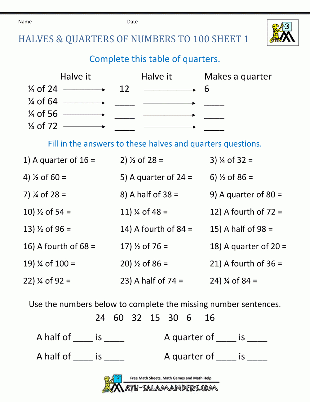 Halves And Quarters Up To 100 throughout Class 4 Maths Halves and Quarters Worksheet
