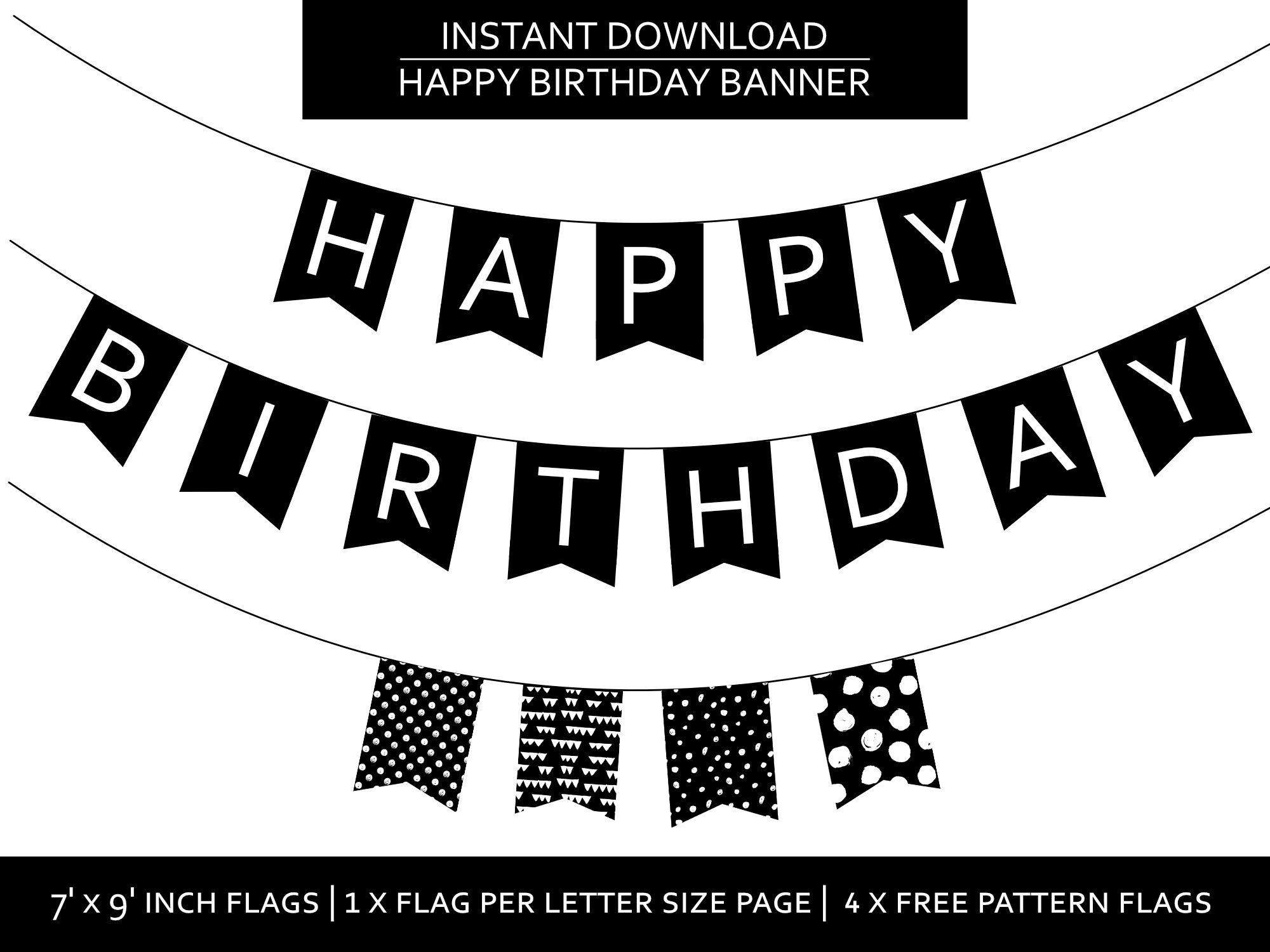 Happy Birthday Printable Banner, Party Black &amp;amp; White, Simple with Happy Birthday Banner Printable Black And White