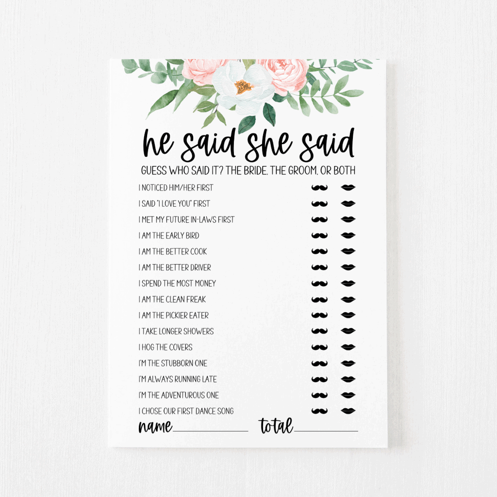 He Said She Said Bridal Shower Game Free Printable | Modern Moh in He Said She Said Bridal Shower Game Free Printable