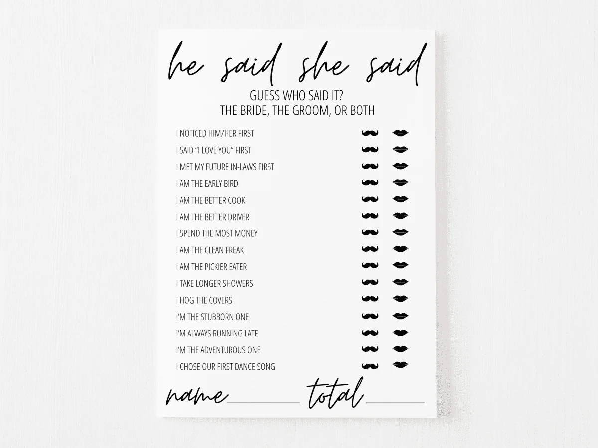 He Said She Said Bridal Shower Game Free Printable | Modern Moh regarding He Said She Said Bridal Shower Game Free Printable