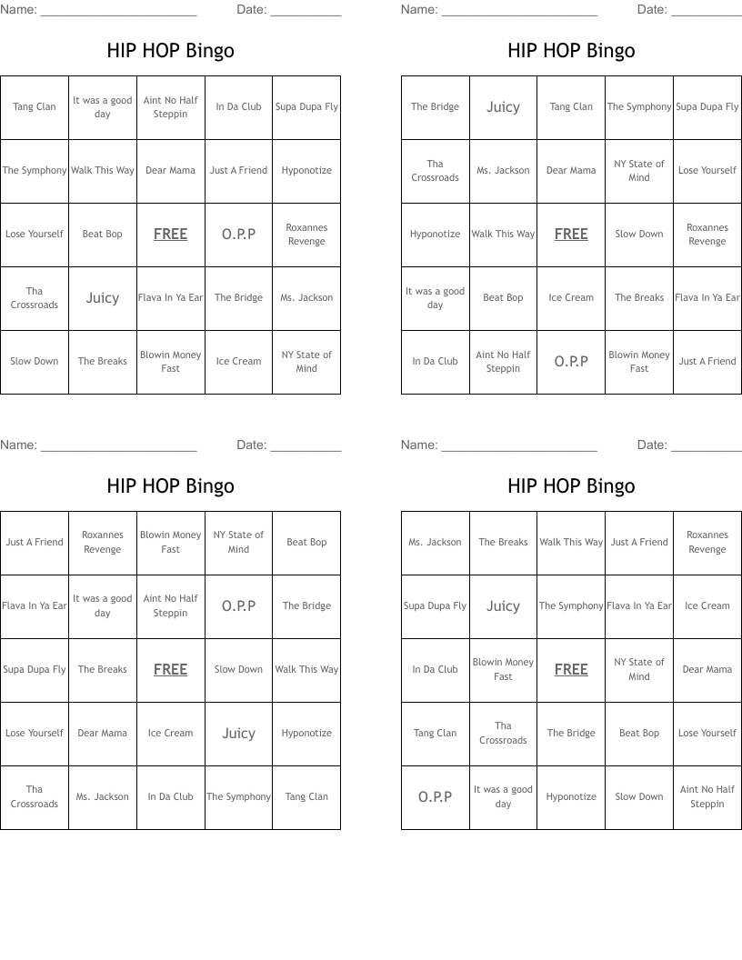 Hip Hop Bingo - Wordmint for Hip Hop Bingo Cards