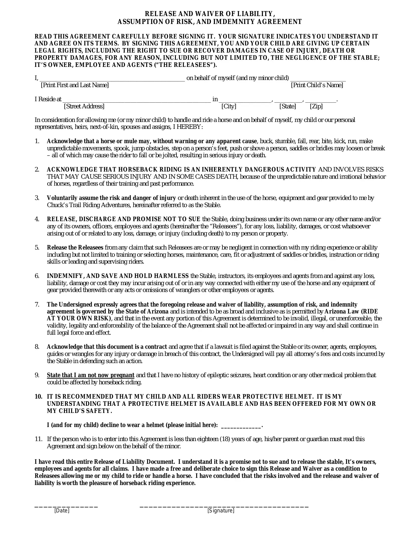 Horse Riding Release Form ≡ Fill Out Printable Pdf Forms Online inside Printable Free Horseback Riding Release Form