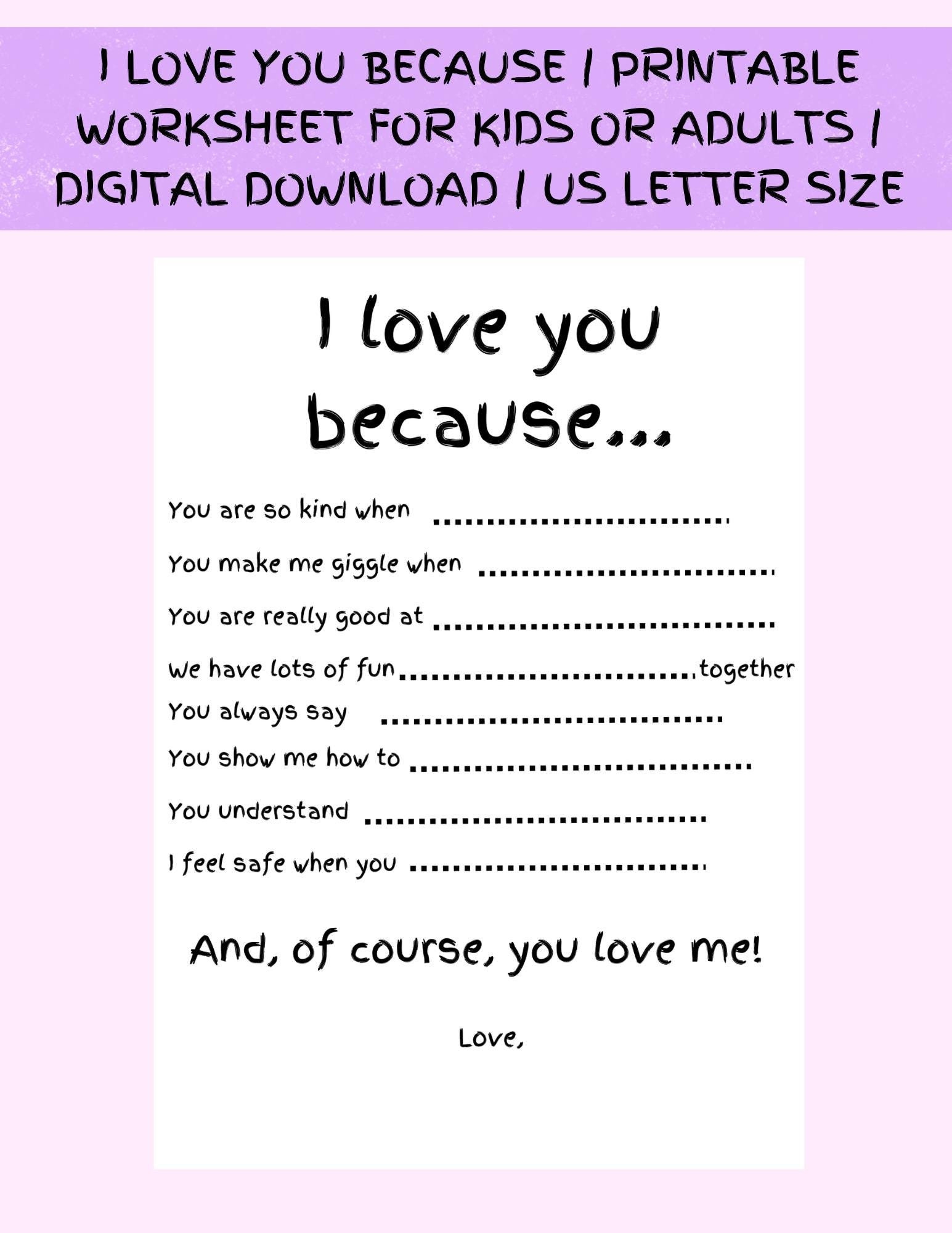 I Love You Because | Printable Gift | Worksheet For Kids Or Adults regarding I Love You Because Printable Template