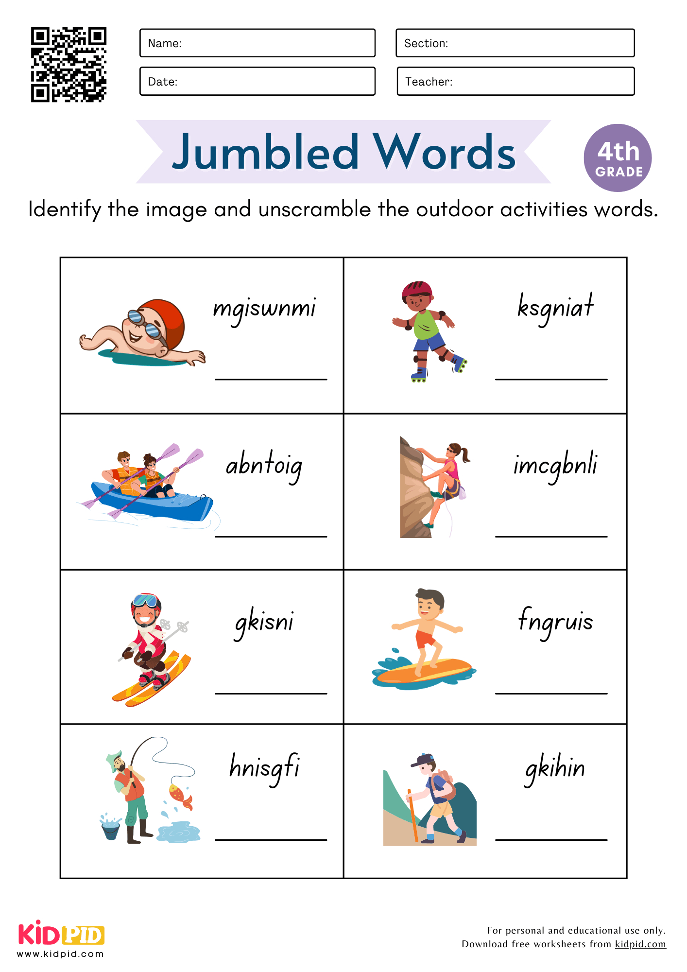 Jumbled Outdoor Activities Words Worksheet For Grade 4 - Kidpid intended for Vocabulary Printable Worksheets For 4Th Grade