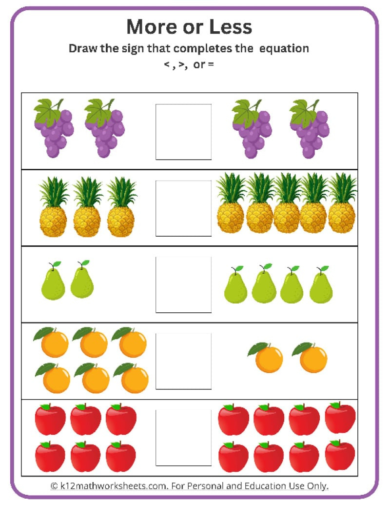 Kindergarten Comparing Numbers Worksheets inside Kindergarten More Or Less Worksheets