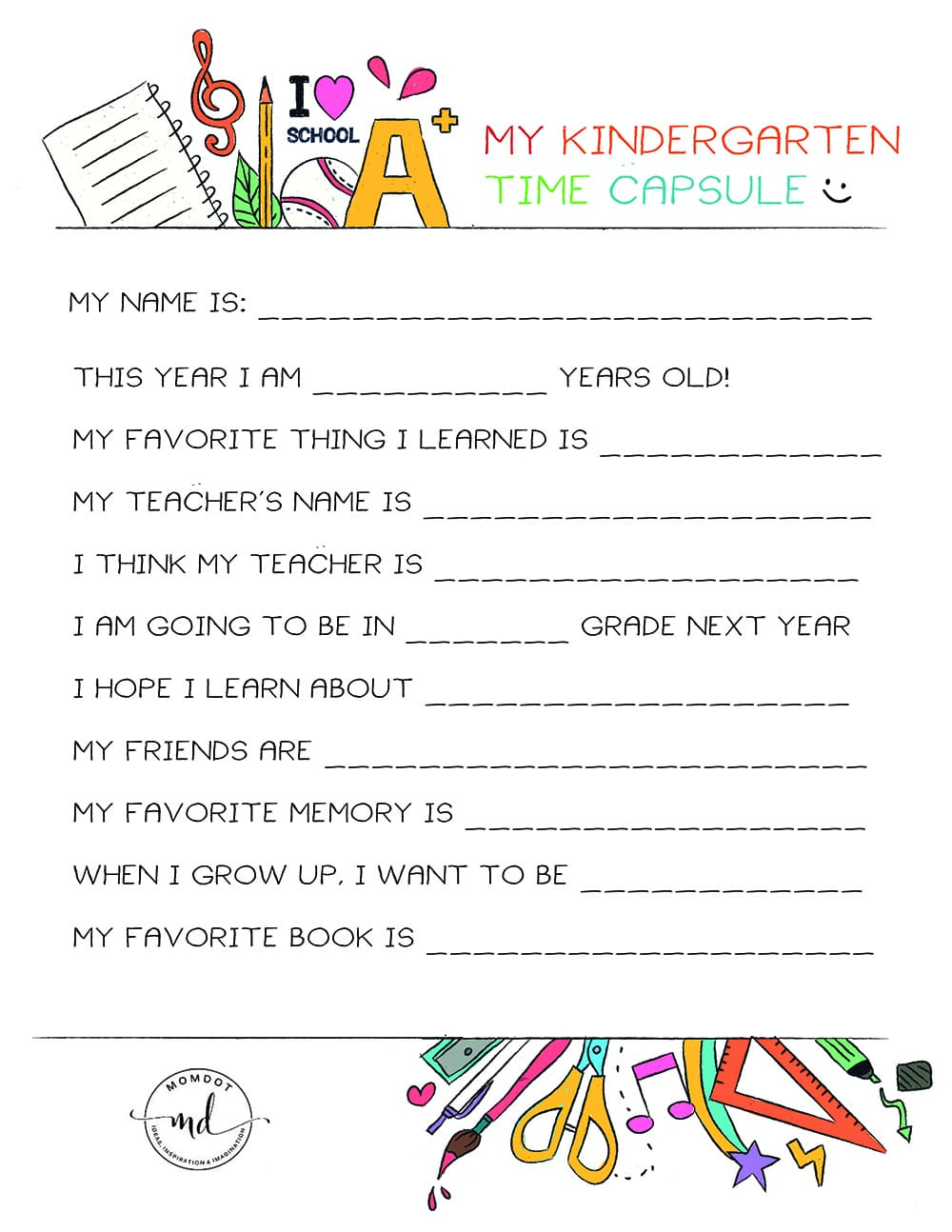 Kindergarten Time Capsule Free Printable - Momdot within Time Capsule Printable Free