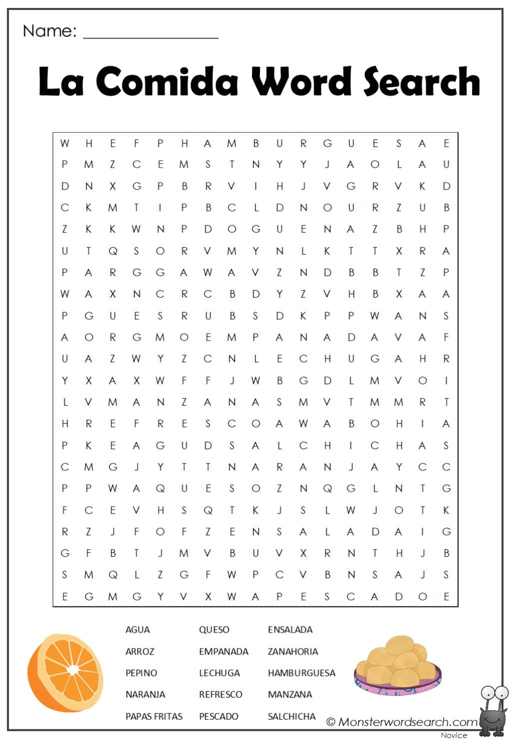 La Comida Word Search - Monster Word Search within Free Printable Spanish Word Search