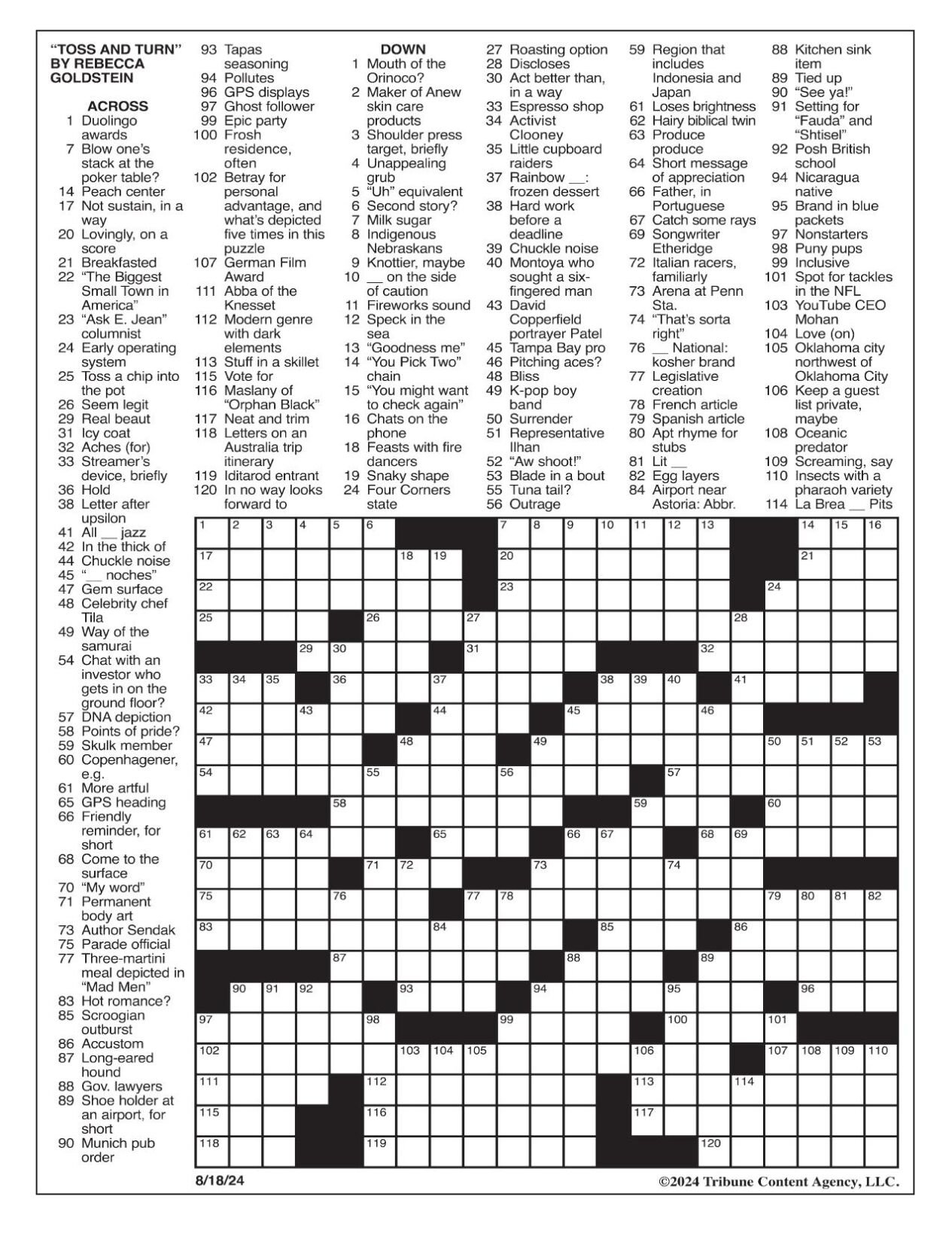 La Times Crossword: Aug. 18, 2024 | Crosswords | Yakimaherald with regard to La Times Crossword Printable 2018