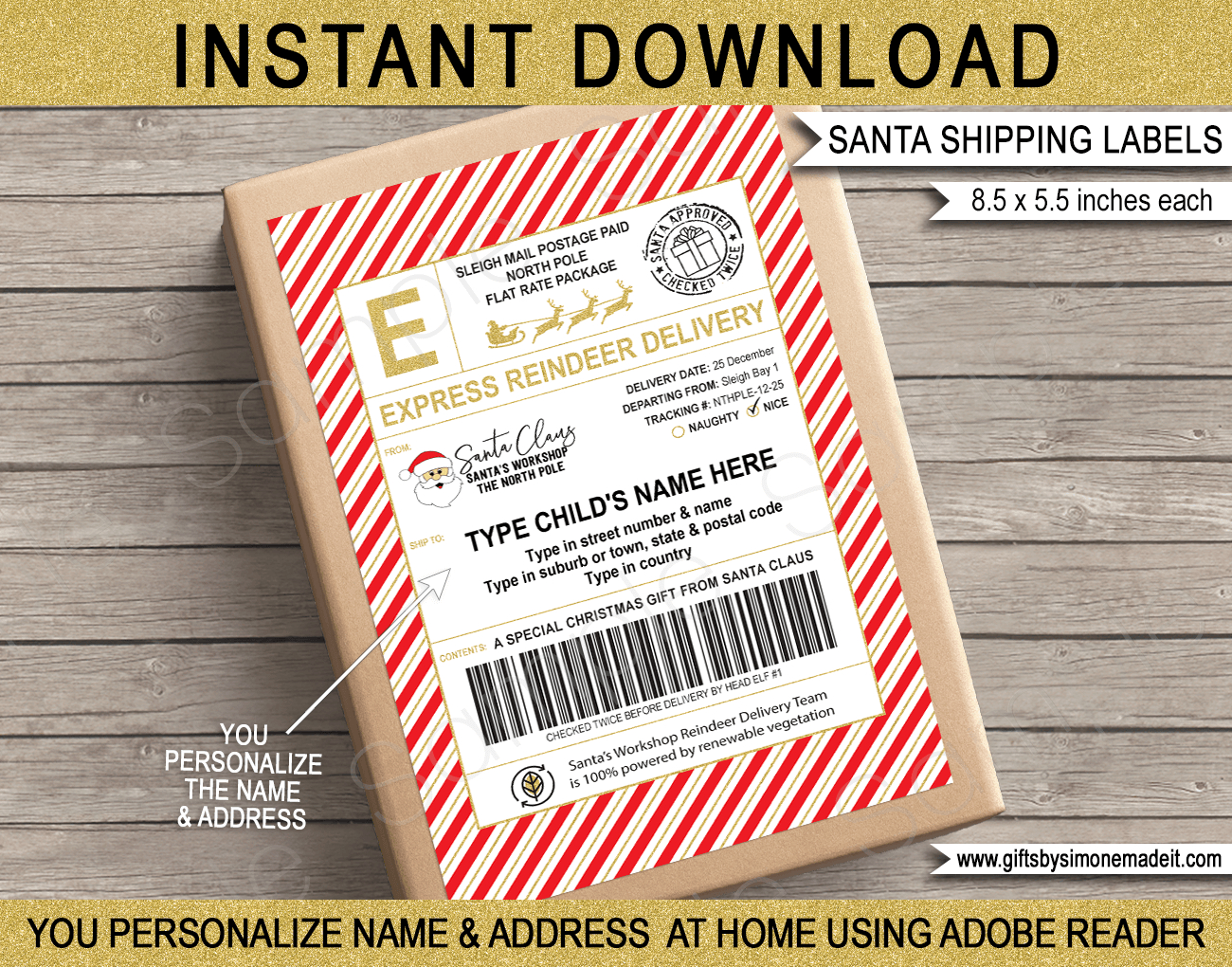 Large Santa Mail Shipping Labels (Usps Style) - Red &amp;amp; Gold pertaining to Free Printable Santa Shipping Label