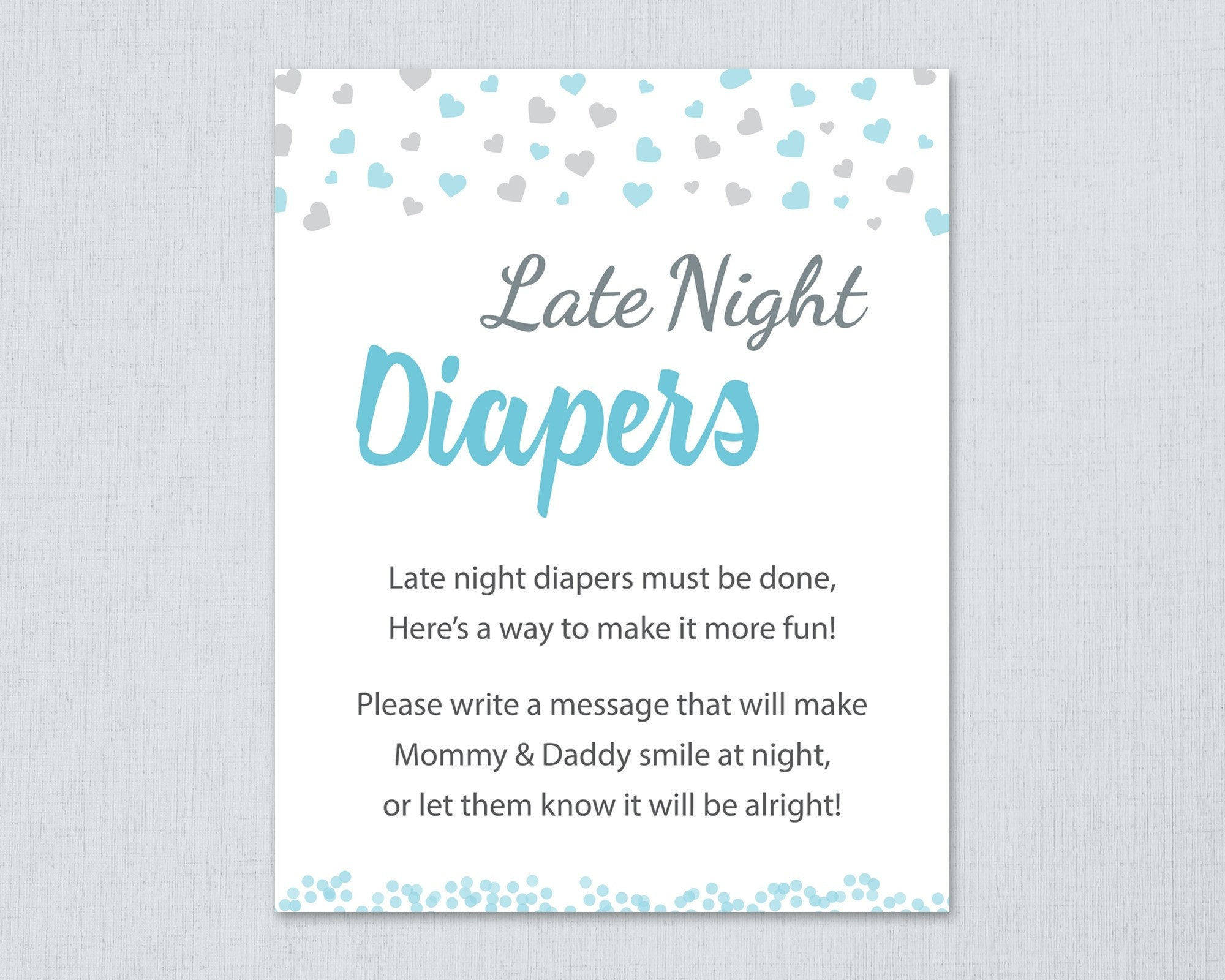 Late Night Diapers Game Sign Printable, Boy Baby Shower Activity inside Late Night Diaper Notes Free Printable