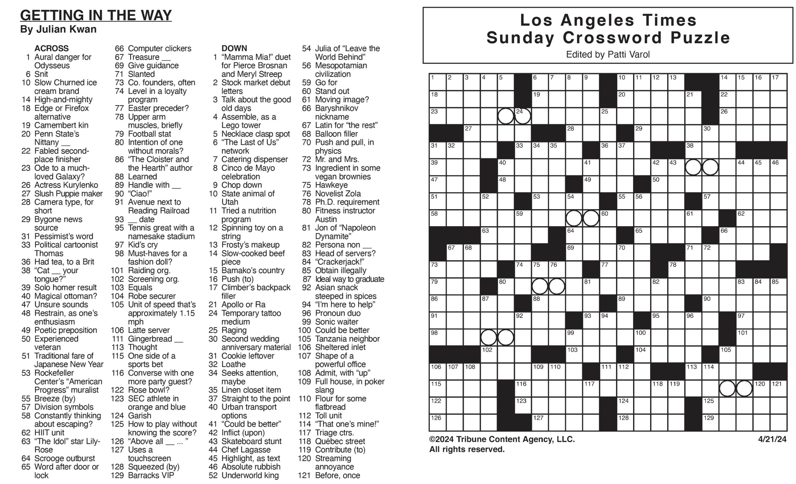 Los Angeles Times Sunday Crossword Puzzle | Tribune Content for La Times Crossword Printable 2018