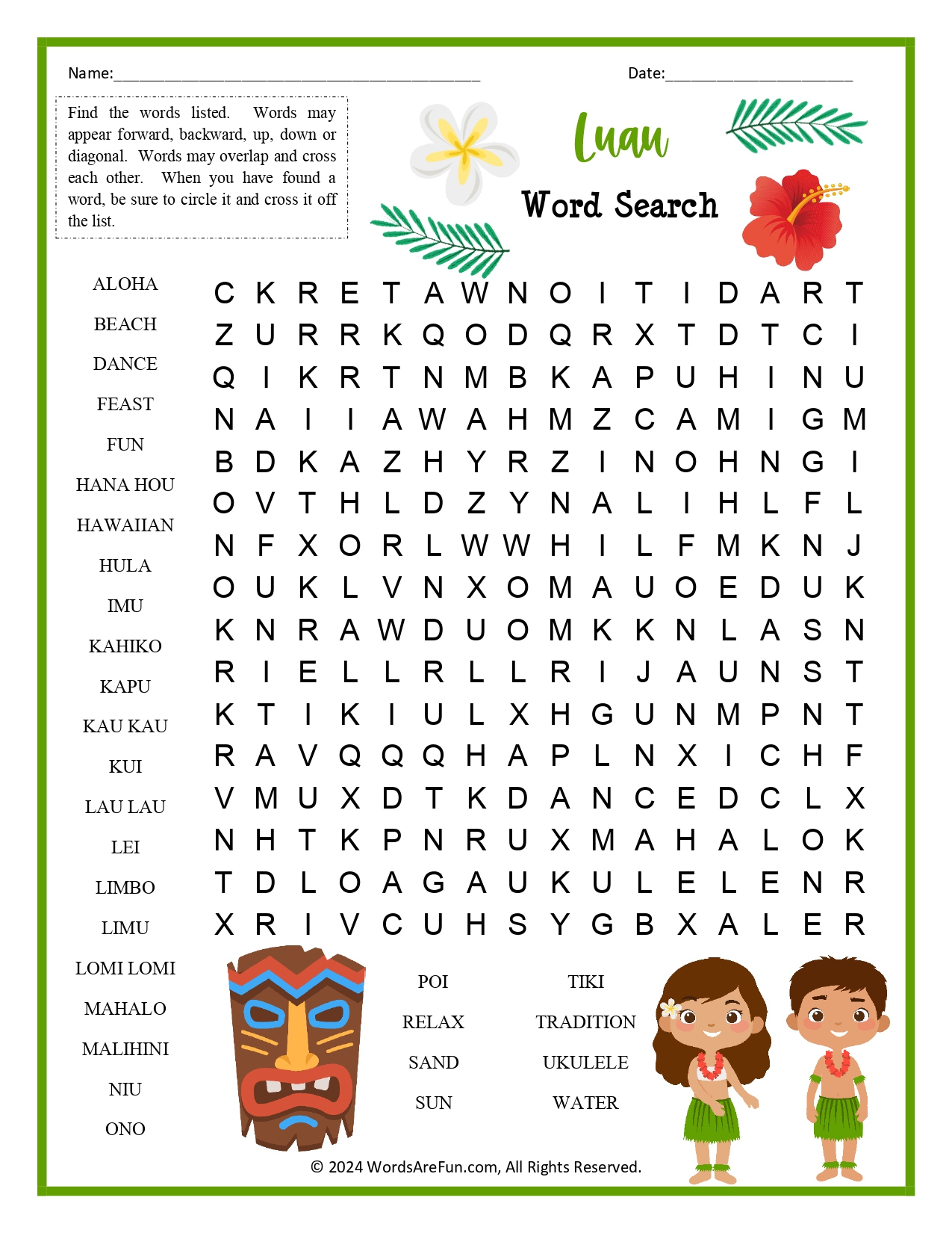 Luau Word Search For Kids in Hawaiian Word Search Printable