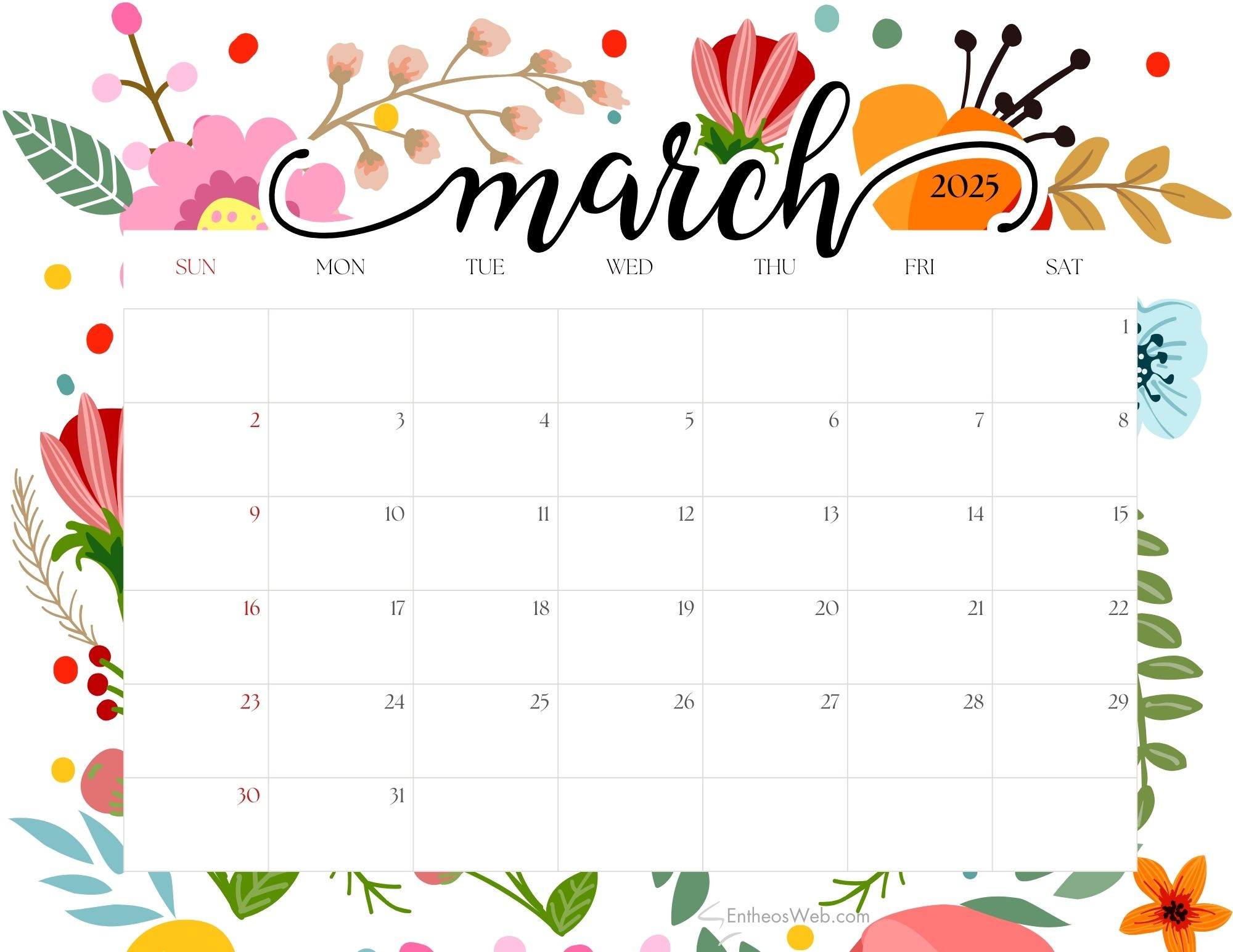 March 2025 Calendar Free Pdf Printables | Entheosweb within March 2025 Printable Calendar Free