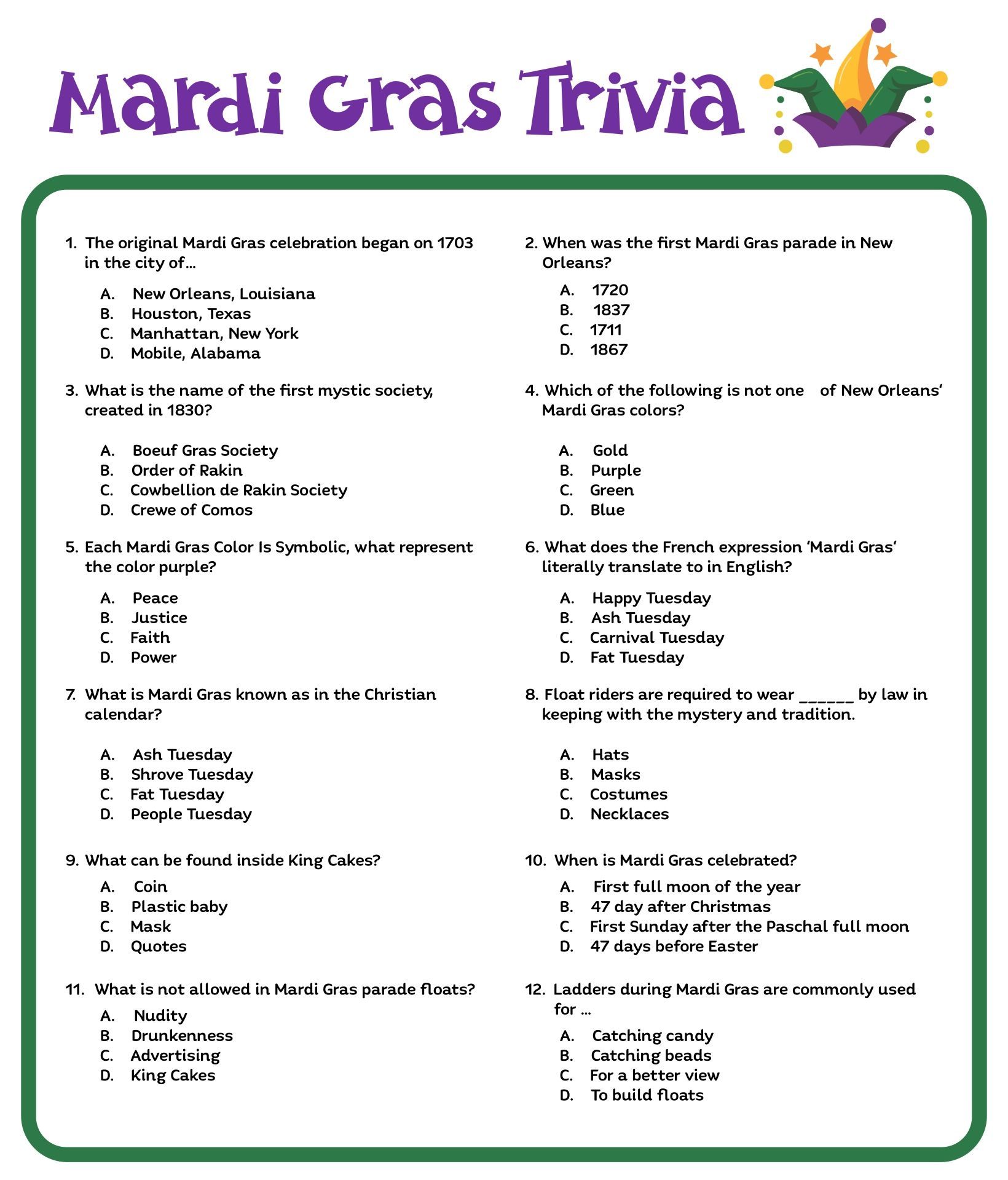 Mardi Gras Trivia - 10 Free Pdf Printables | Printablee in Mardi Gras Trivia Printable Free