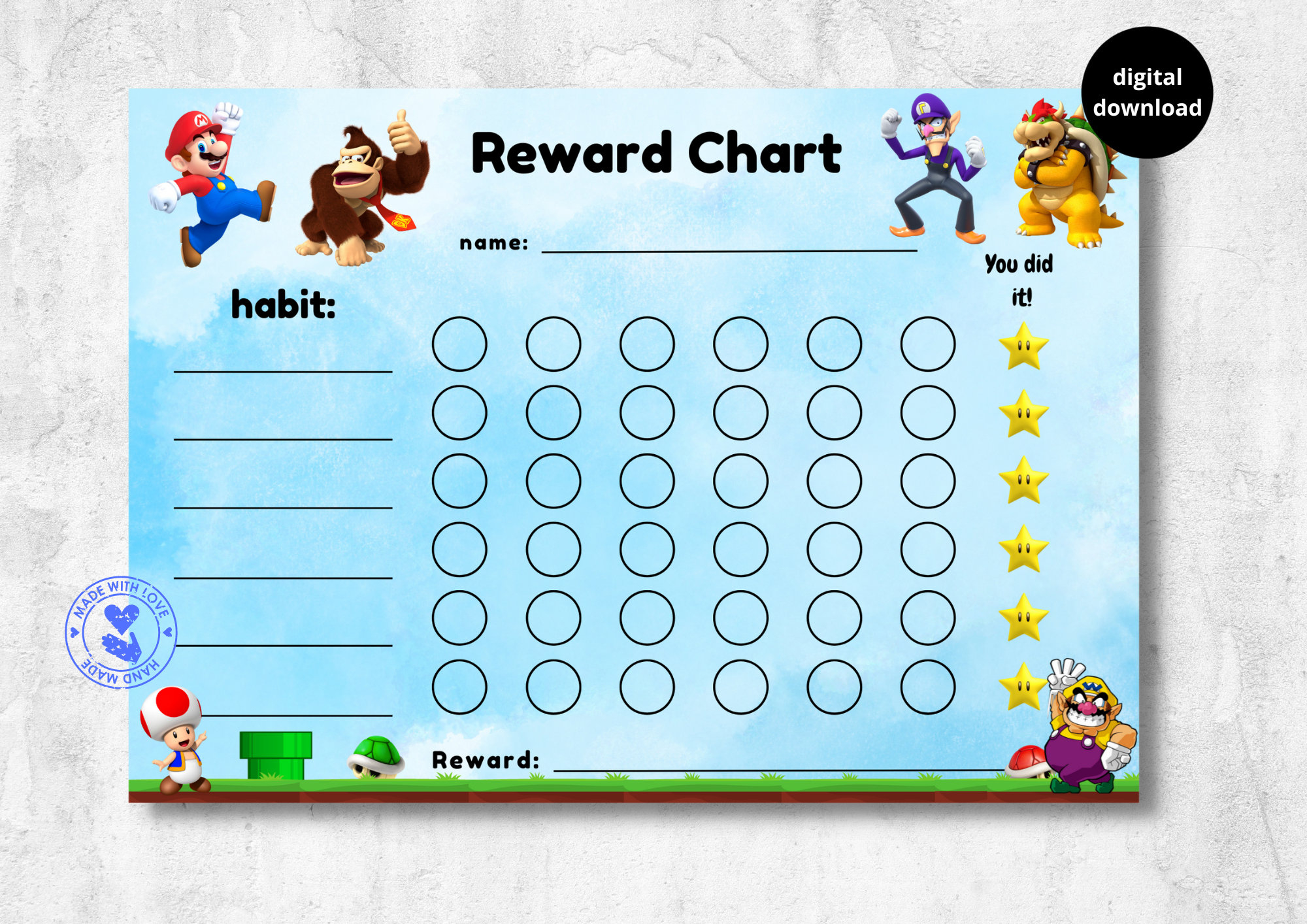 Mario Reward Chart For Kids, Bowser, Donkey Kong, Habit Tracker for Free Printable Super Mario Reward Chart Printable