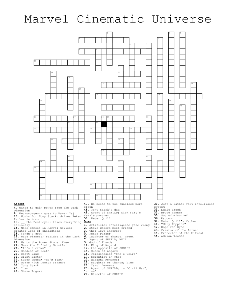 Marvel Cinematic Universe Crossword - Wordmint in Marvel Crossword Puzzle Printable