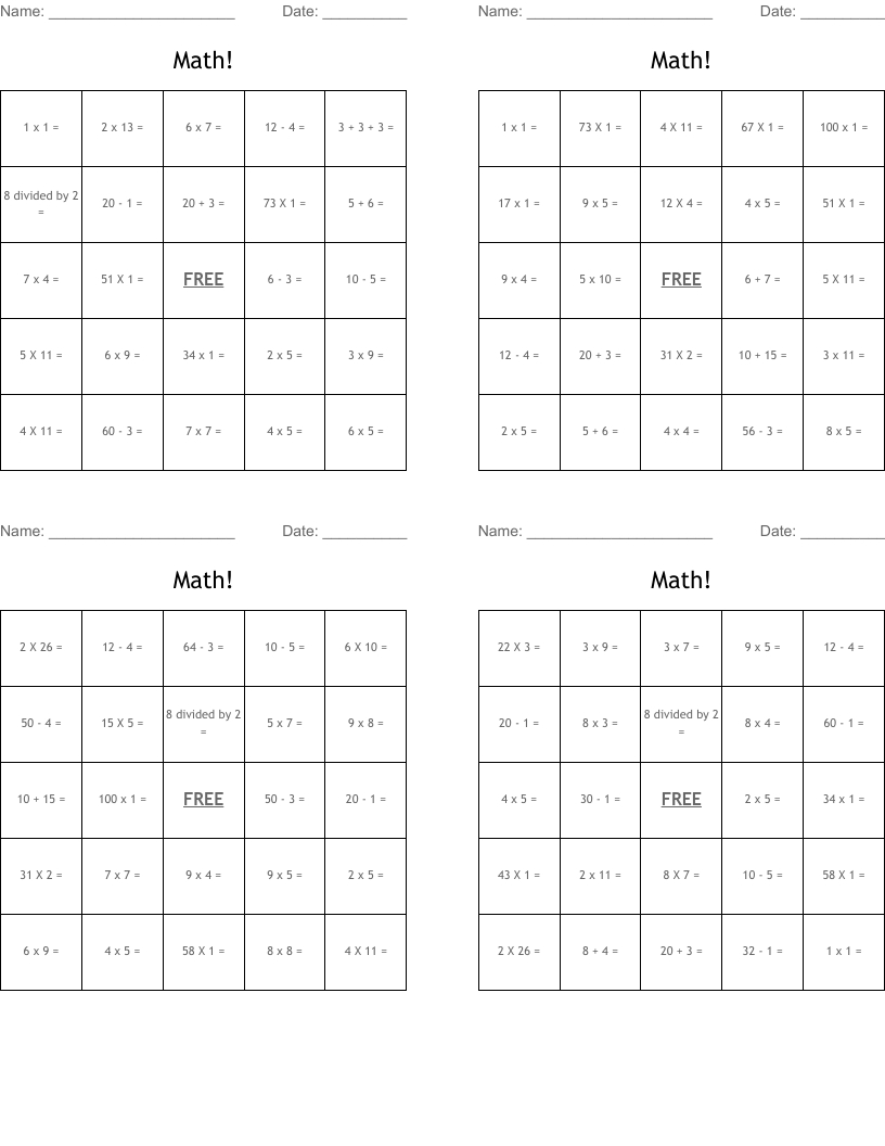 Math! Bingo Cards - Wordmint regarding Math Bingo Card Maker