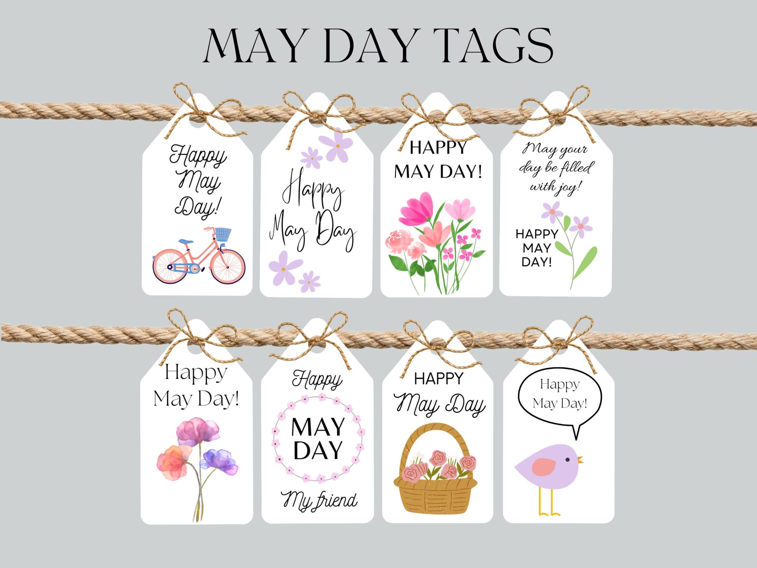 May Day Tags Set, Printable Spring Tags, Happy May Day Basket Tag within Free Printable May Day Tags