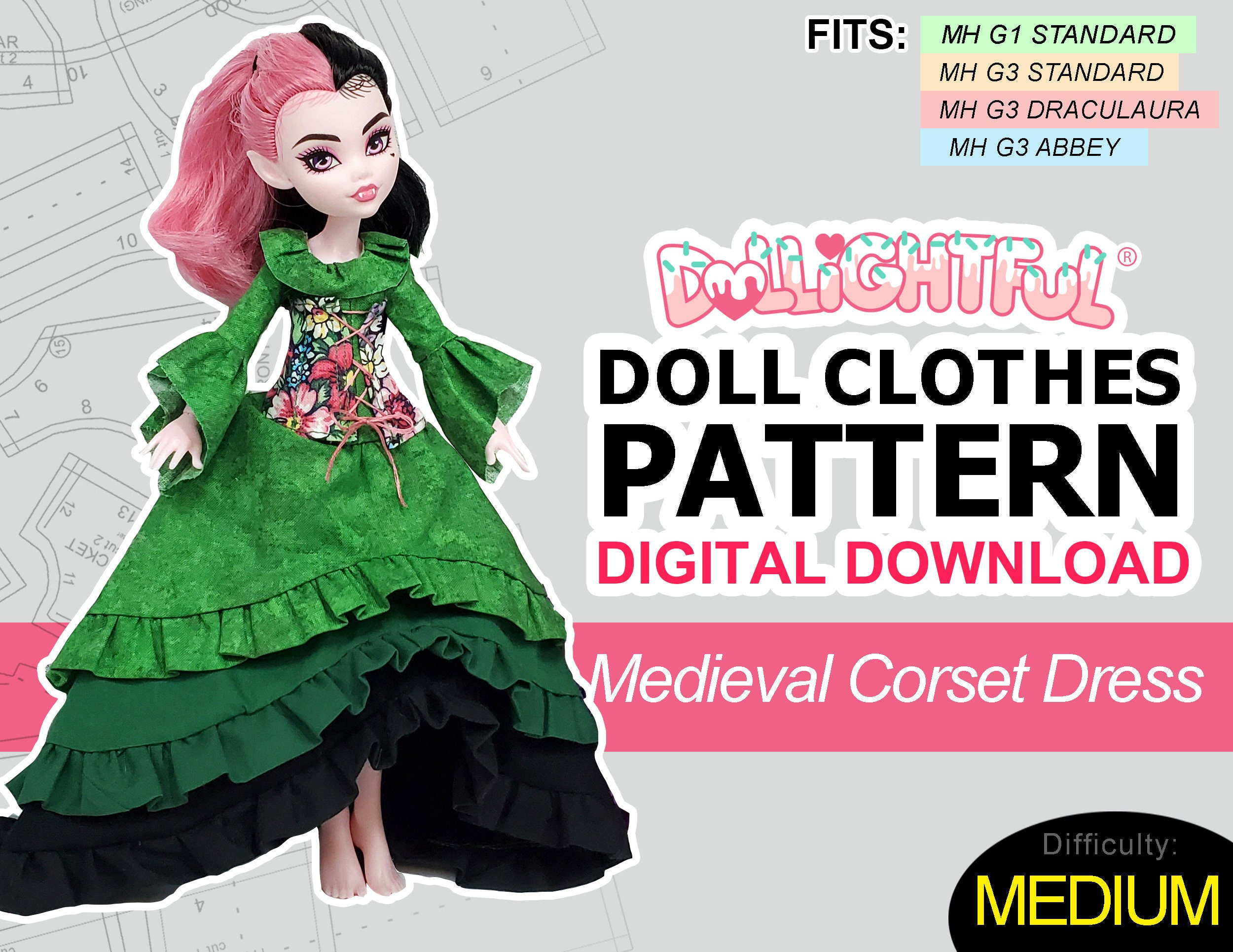 Medieval Corset Dress - Digital Download Doll Clothes Pattern with Dollightful Free Printable Monster High Doll Clothes Patterns