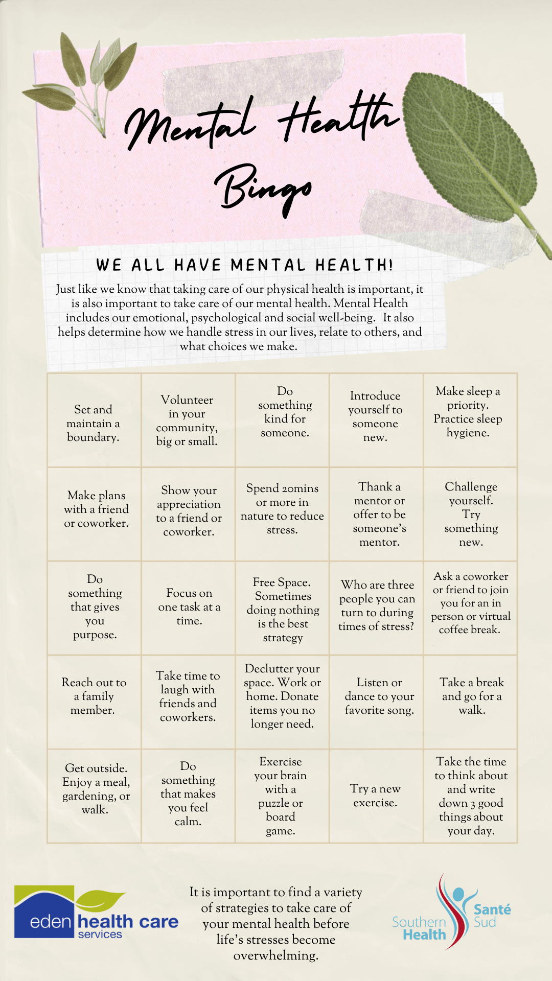 Mental Health Bingo - Southern Health-Santé Sud regarding Mental Health Bingo Cards