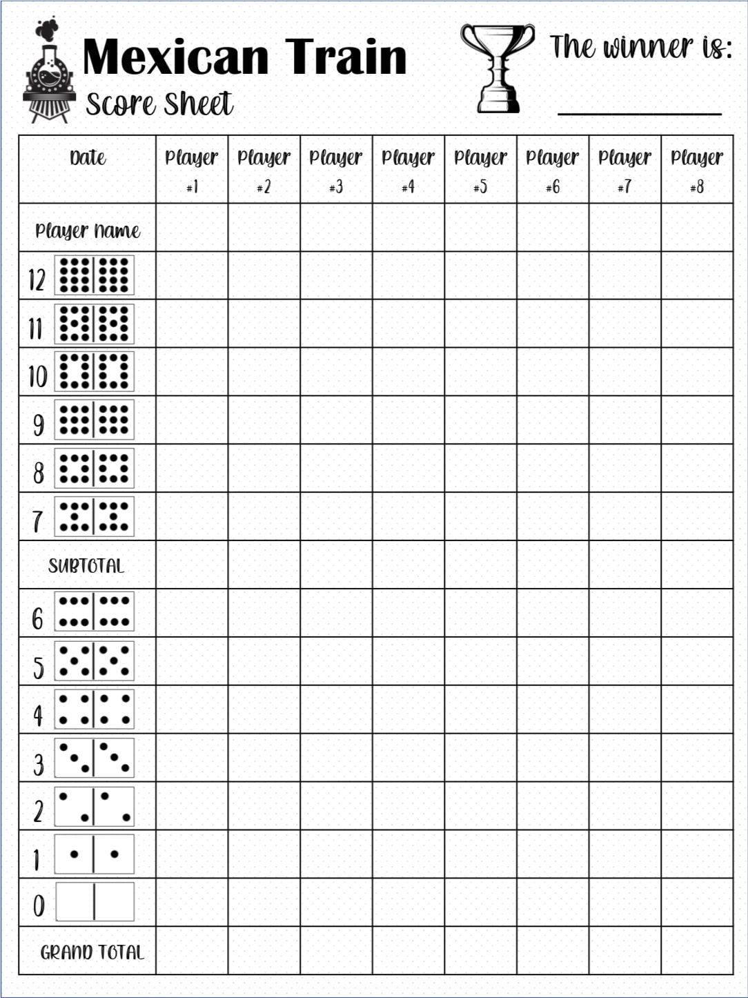 Mexican Train Score Card - Mexican Train Scoresheet - Mexican for Mexican Train Score Sheet Printable Free