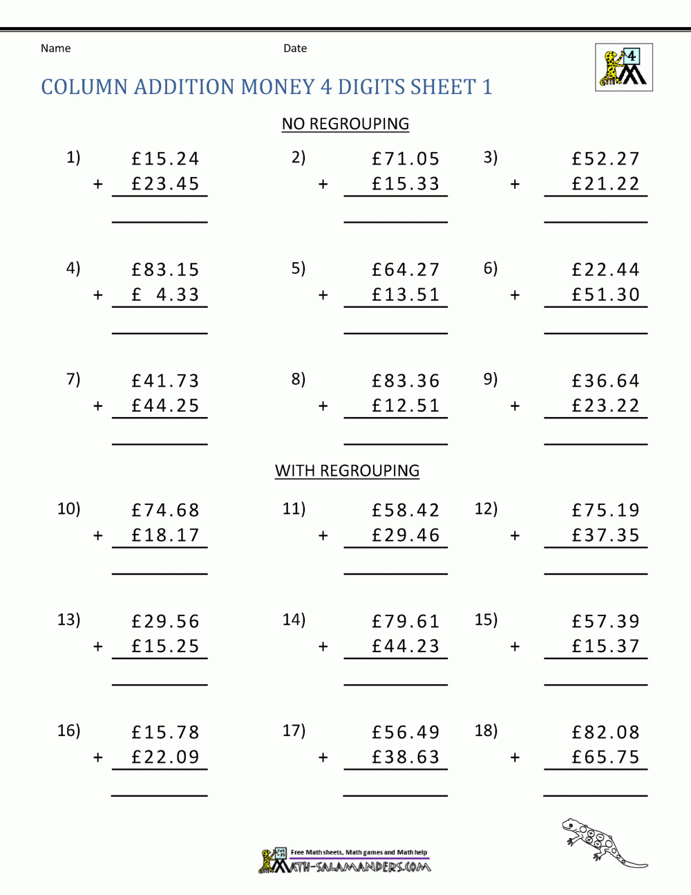 Money Addition Worksheets Uk Money inside Column Addition Worksheet Printable