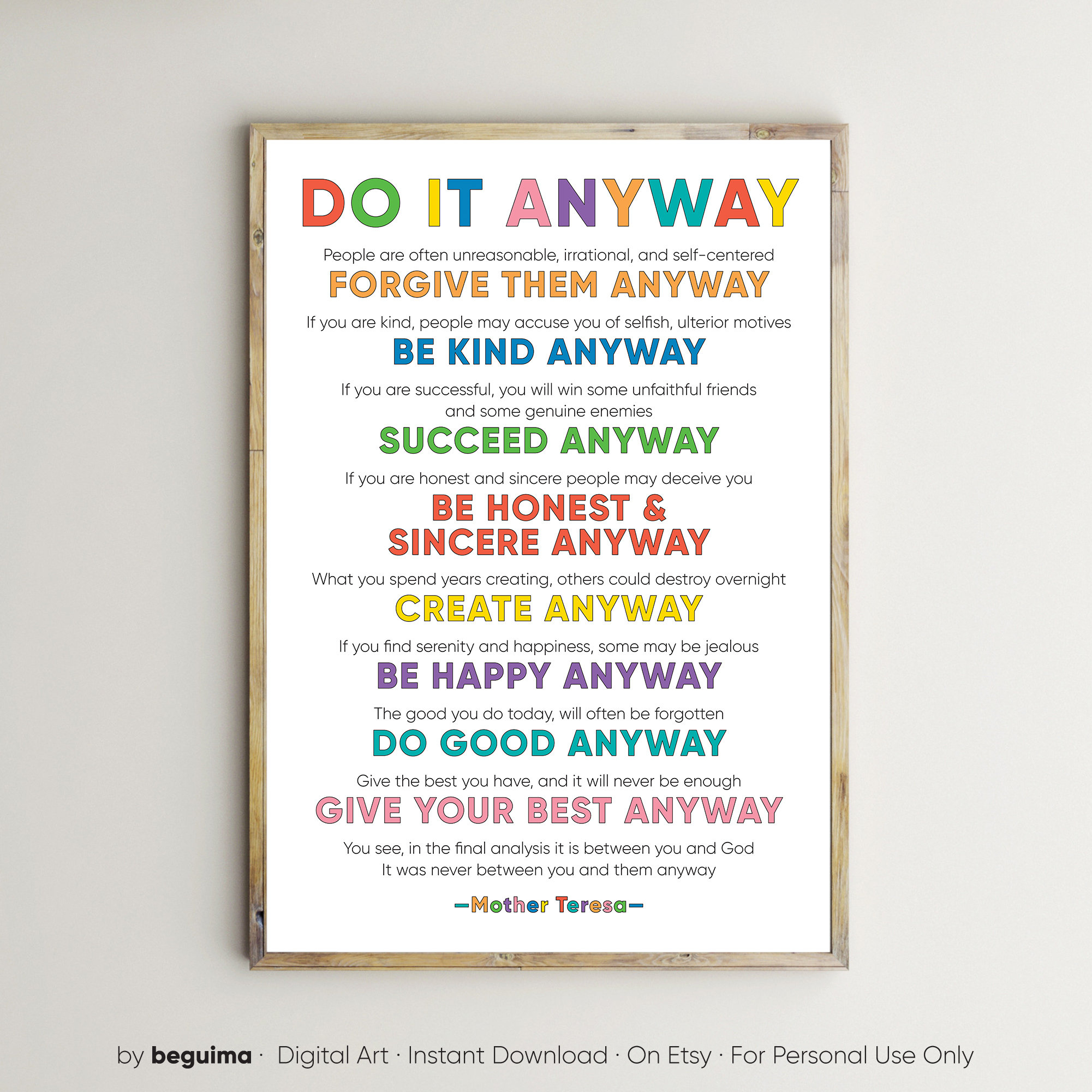 Mother Teresa Print,Do It Anyway,Inspirational Quotes,Poster,Wall for Mother Teresa Quotes Do It Anyway Printable