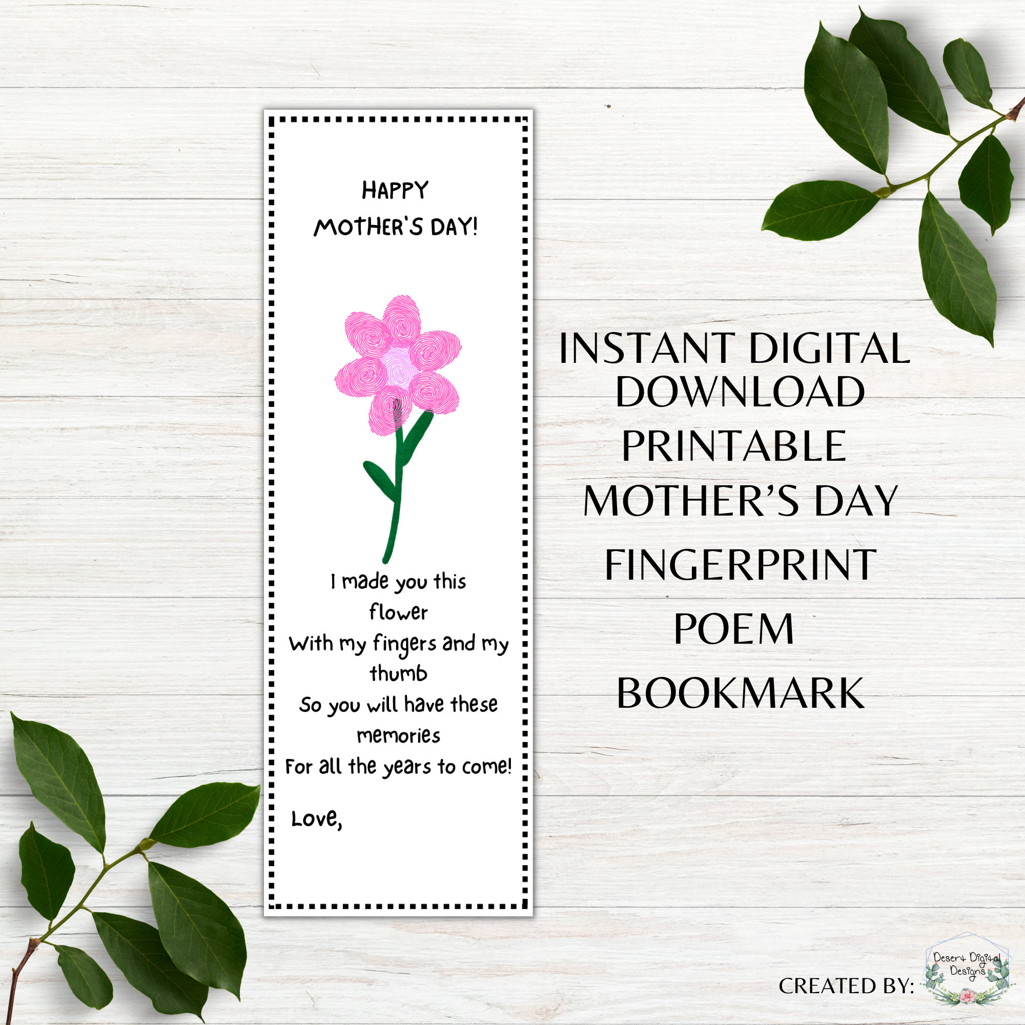 Mother&amp;#039;S Day Printable Bookmark Flower Fingerprint Bookmark inside Free Printable Mother&amp;#039;S Day Bookmarks