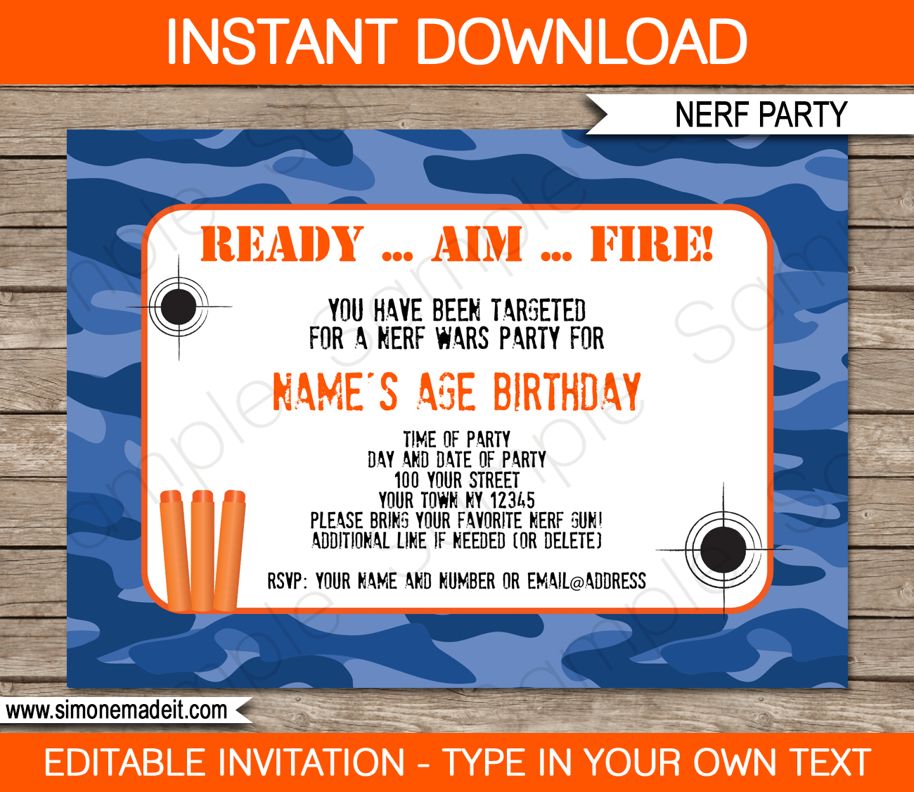 Nerf Party Invitations Template - Blue Camo within Free Printable Nerf Gun Party Invitations Template Free