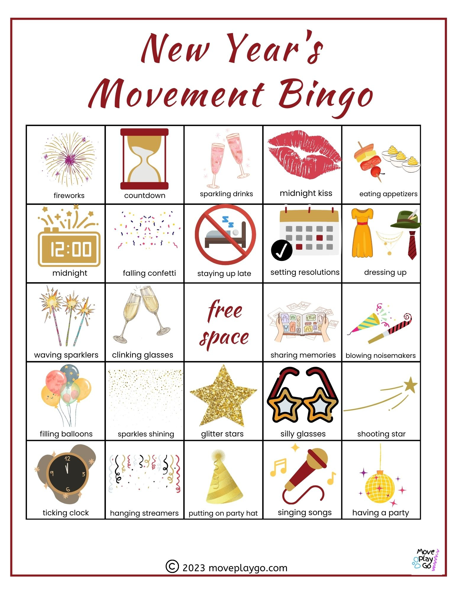 New Year&amp;#039;S Movement Bingo - Move Play Go within New Year Bingo Card