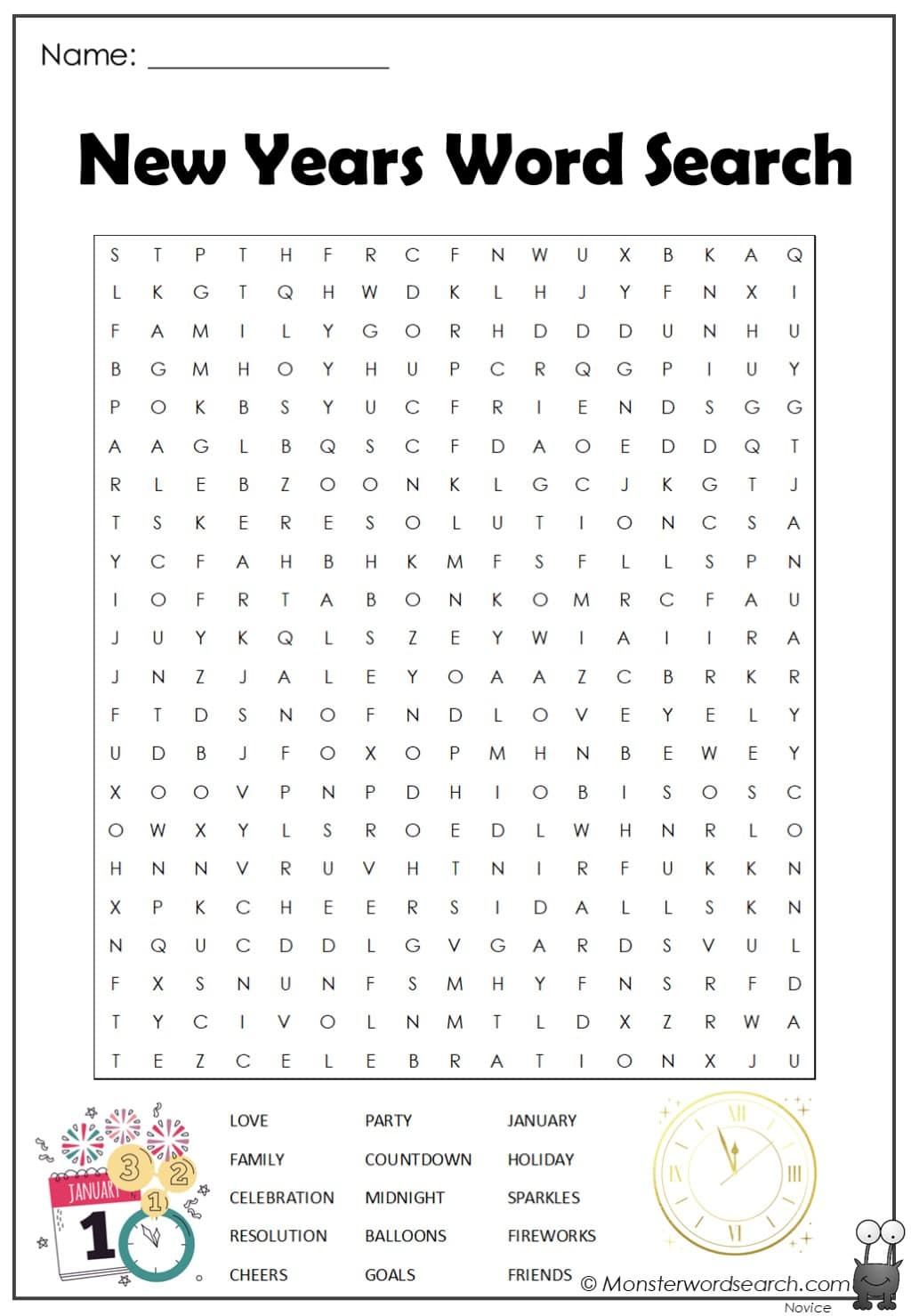 New Years Word Search - Monster Word Search inside Free Printable New Year Word Search
