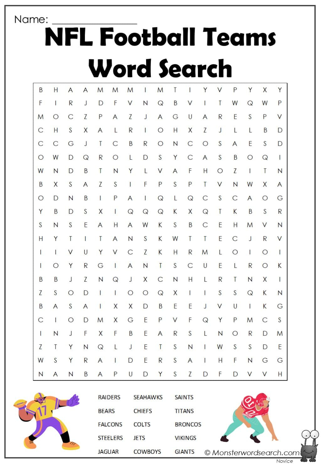 Nfl Football Teams Word Search - Monster Word Search in Nfl Word Search Printable