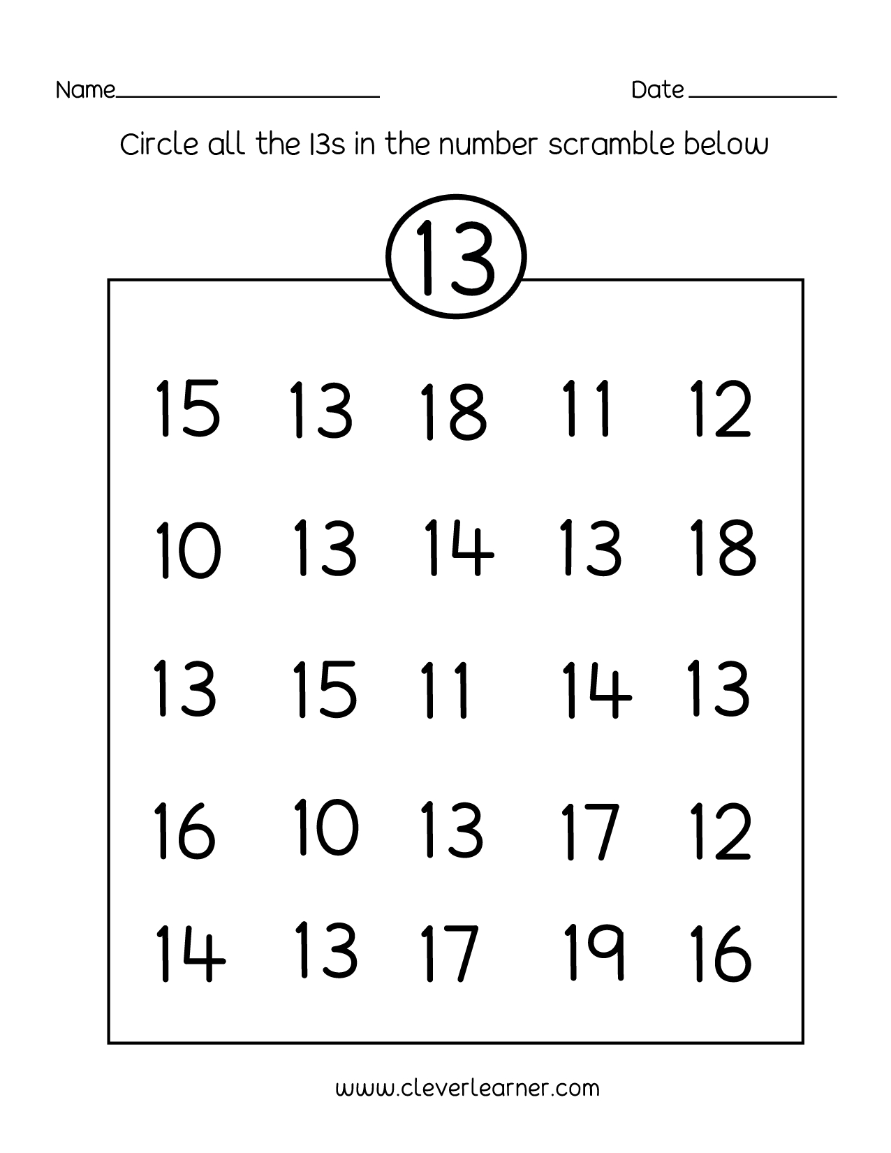 Number 13 Writing, Counting And Identification Printable inside Identifying Numbers Worksheet Printable