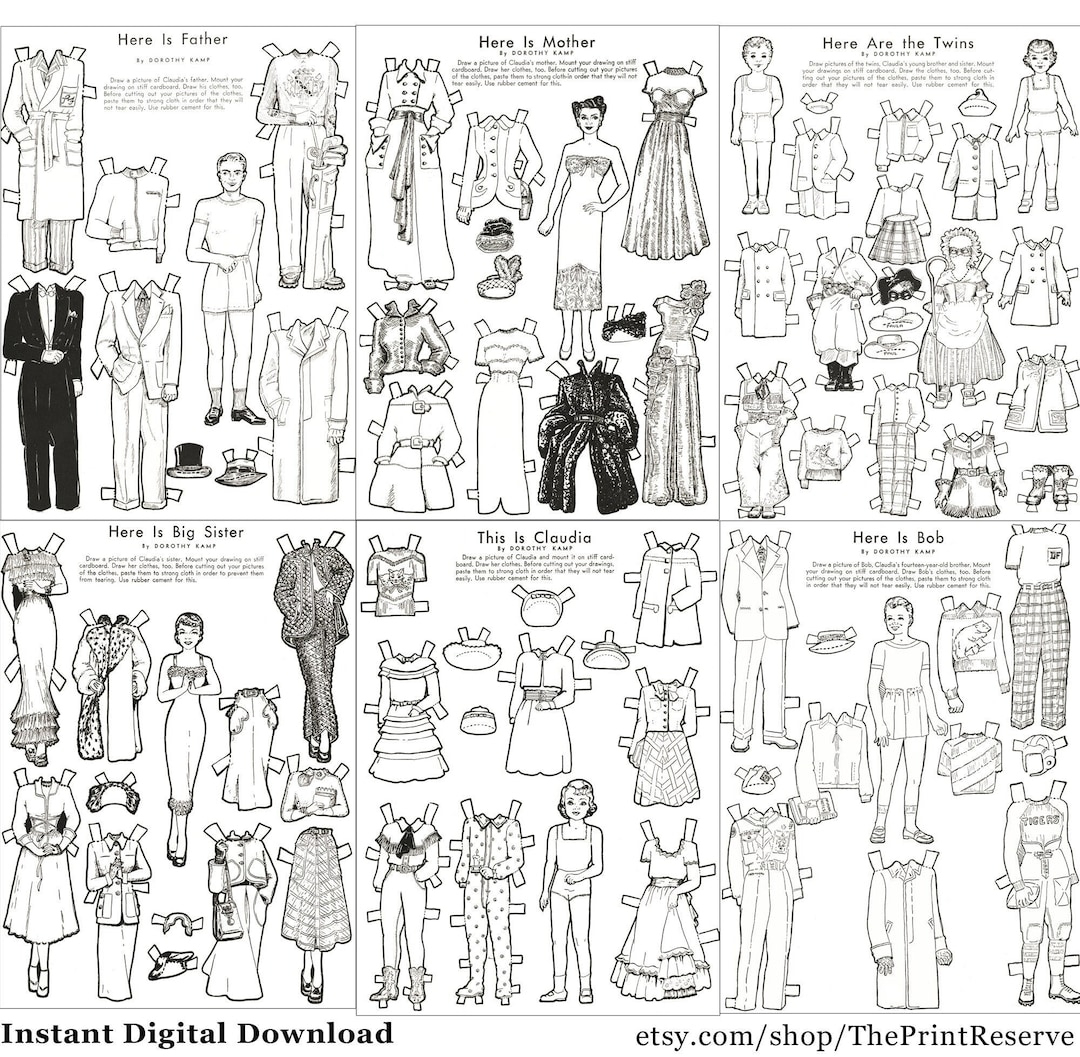 Paper Doll Familie Malseiten Printable Sofortiger Digitaler regarding Printable Black And White Paper Dolls