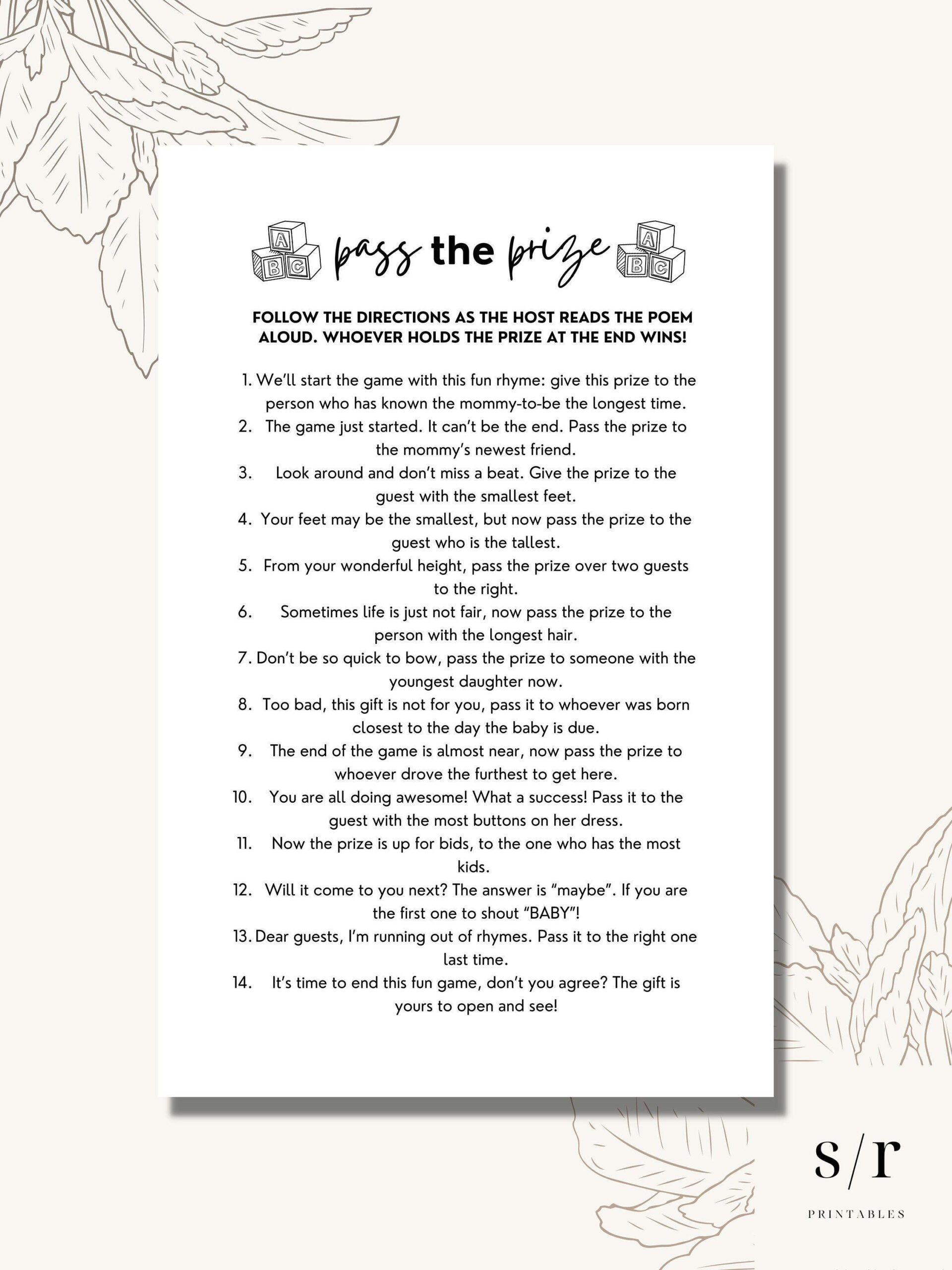 Pass The Prize Poem Game, Printable Baby Shower Games, Minimalist regarding Printable Pass the Prize Game