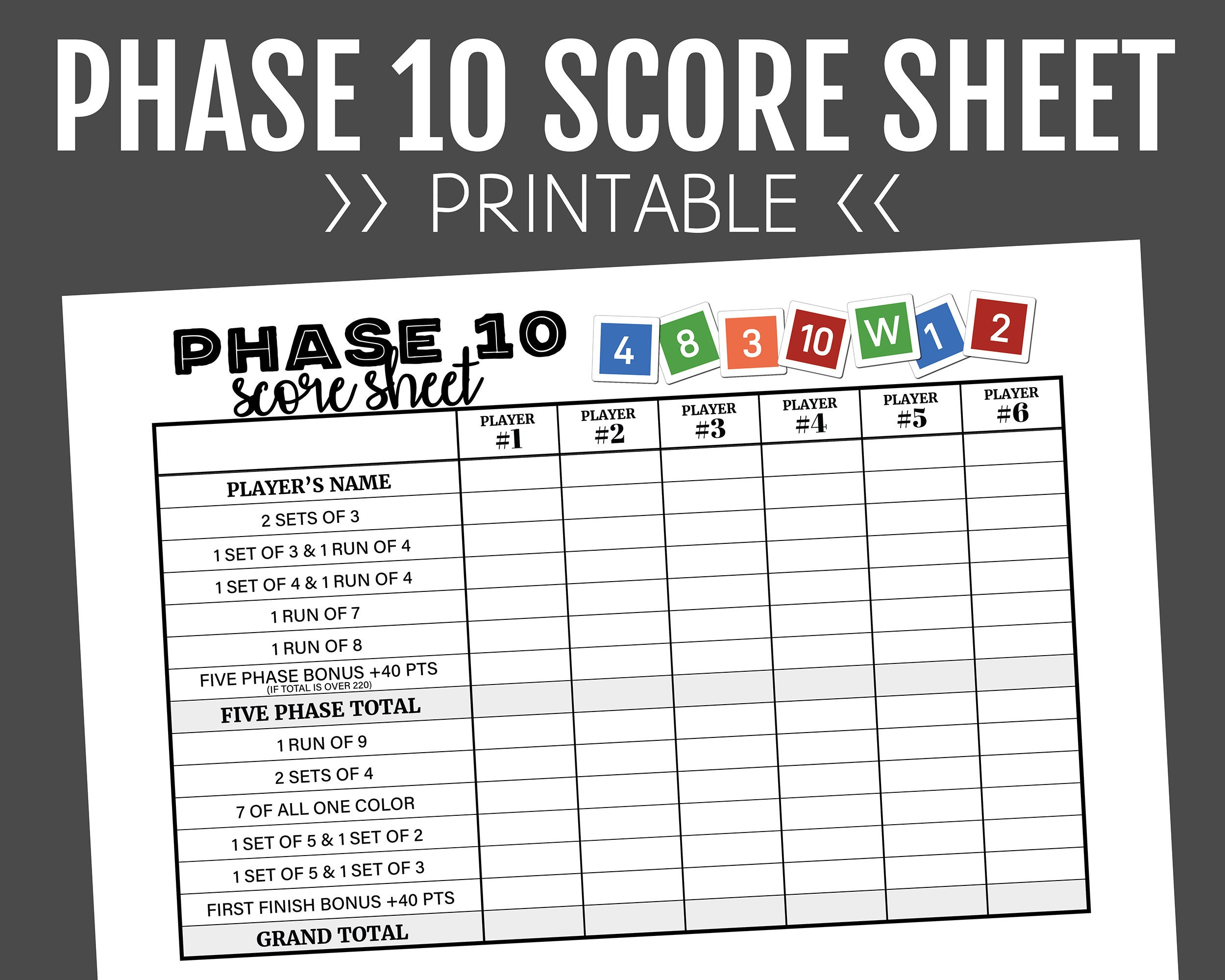 Phase 10 Score Sheet, Printable Score Sheet, Digital, Instant with Printable Phase 10 Scorecard