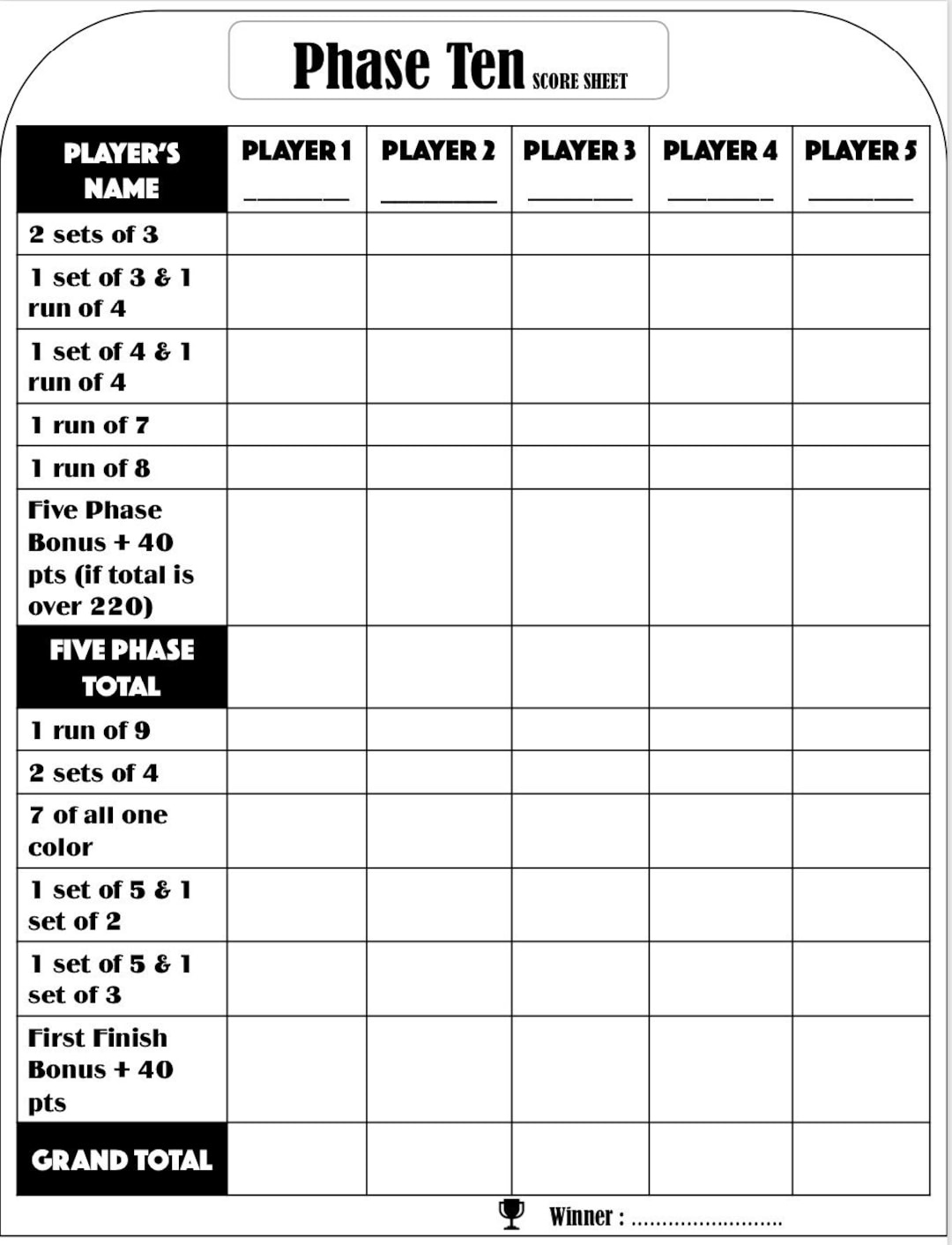 Phase Ten Score Card - Phase Ten Scoresheet - Phase Ten Score Pads with Printable Phase 10 Scorecard